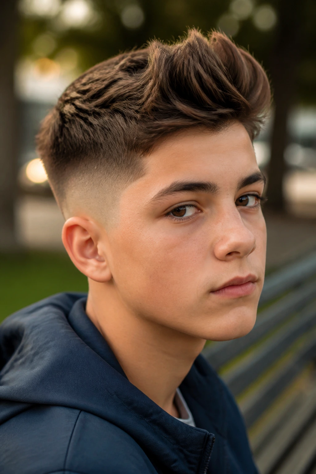 Boy with brush-up hairstyle and mid fade