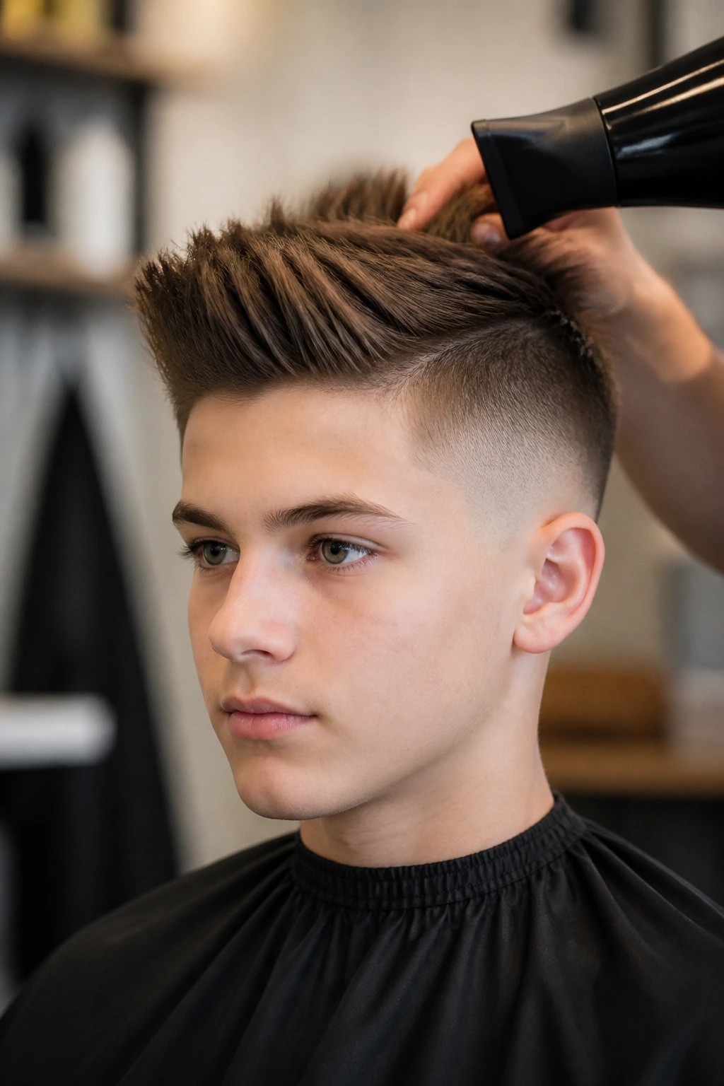 Close-up of a boy with a brush-up hairstyle and mid fade