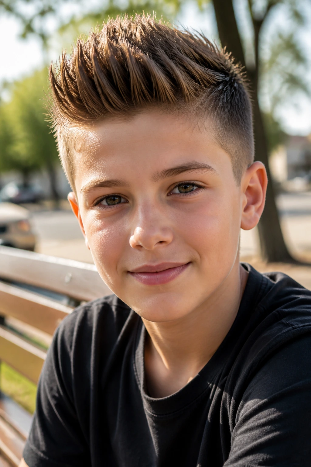 Close-up of boy with brush-up quiff outdoors on sunny day