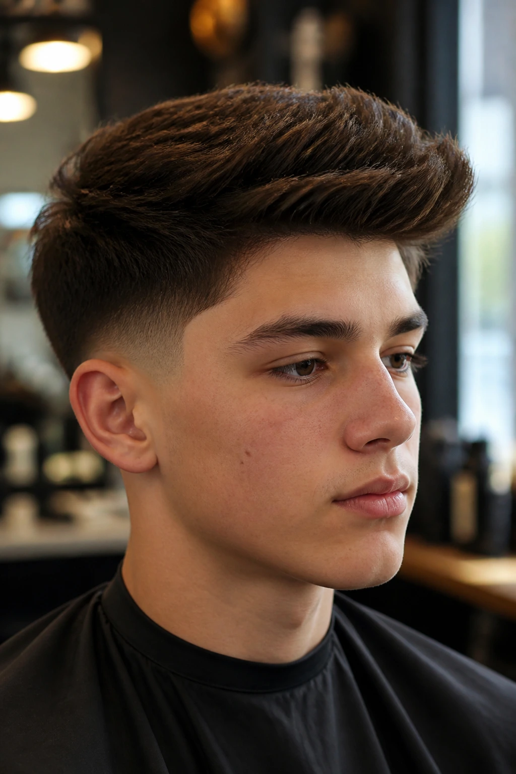 Portrait of a real boy with a brush-up hairstyle and taper fade in a barbershop setting