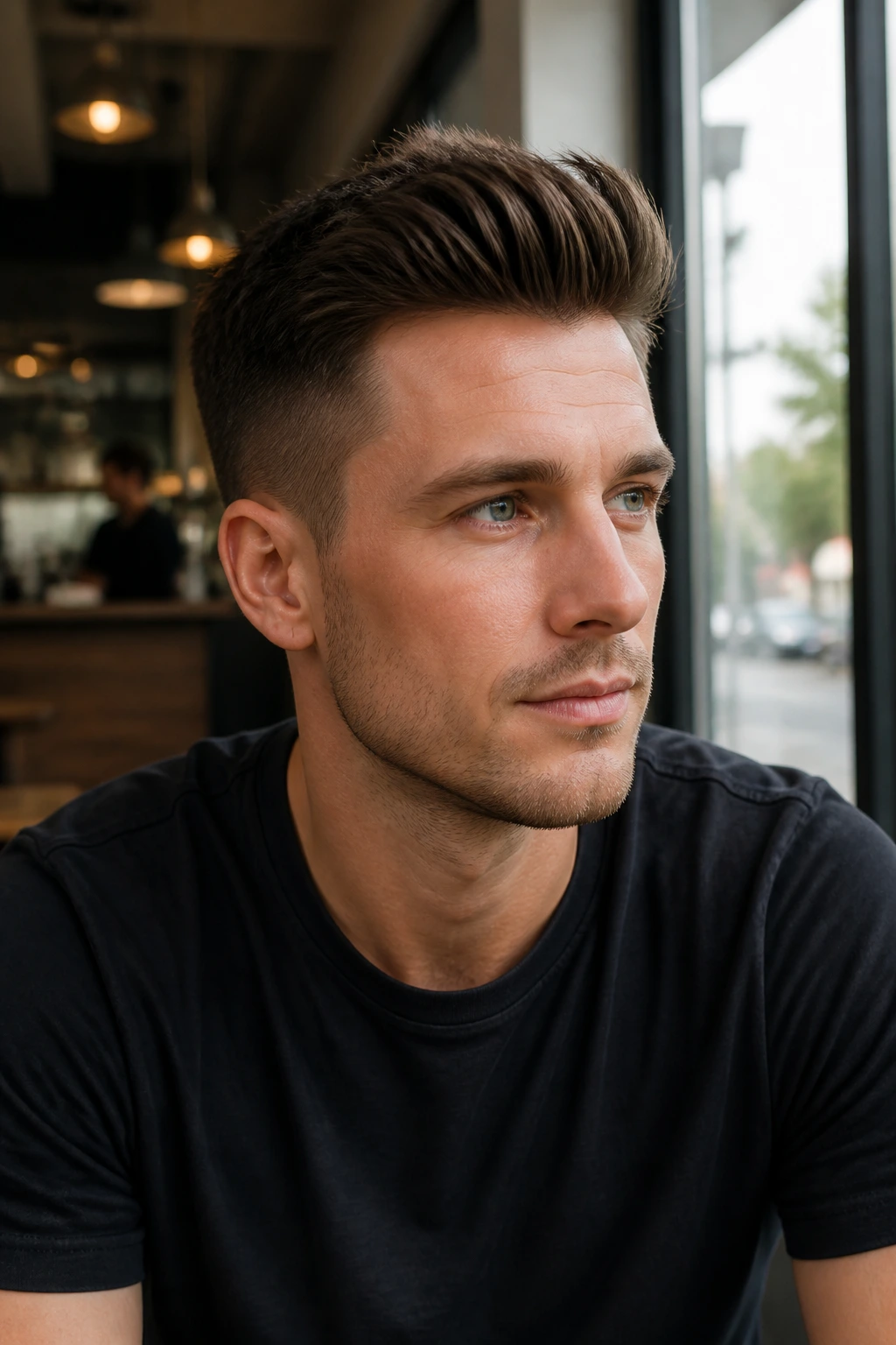 Close-up of brush-up hairstyle with tapered sides on a real man