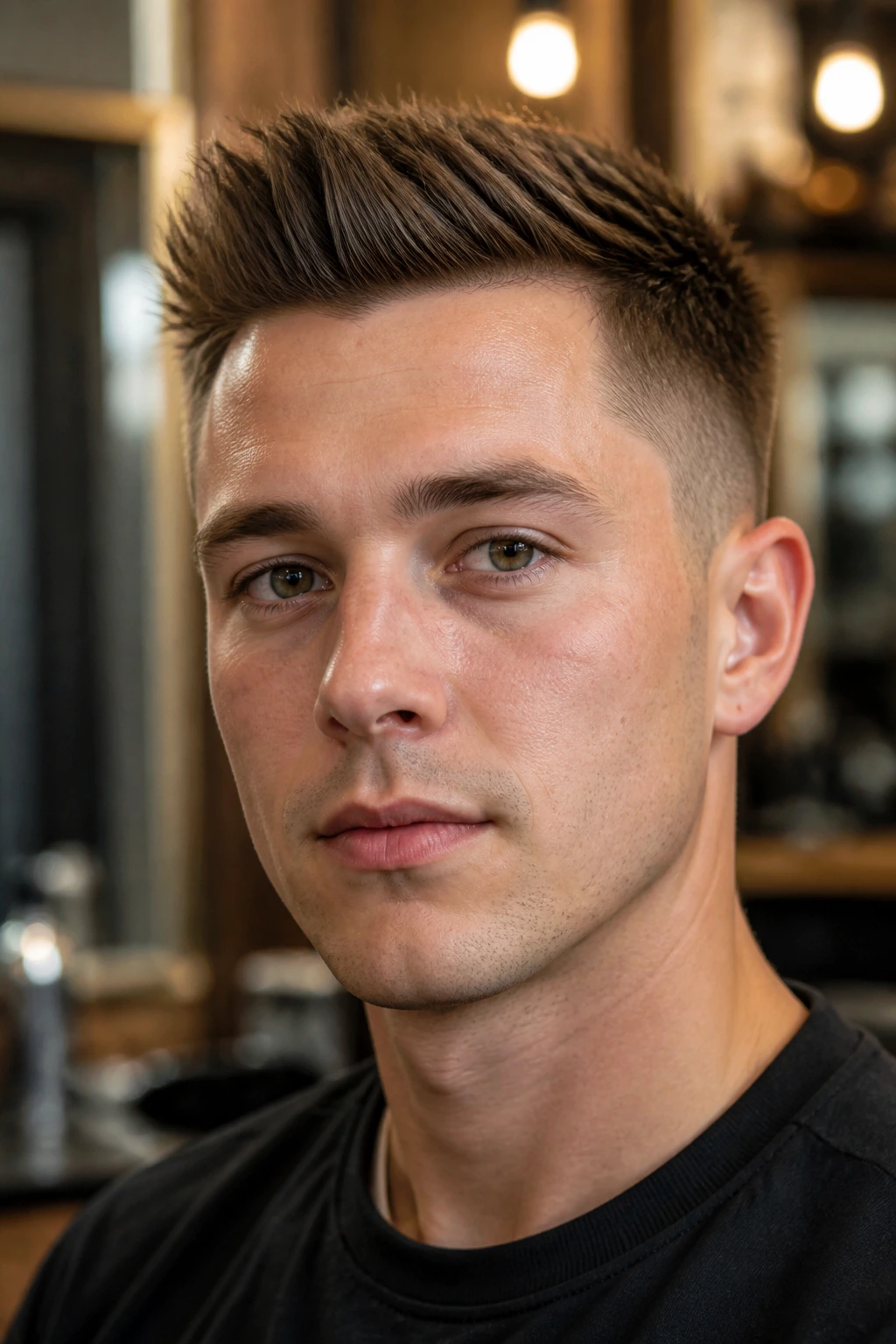 Man with short brush-up hairstyle and tapered sides in a barber shop setting