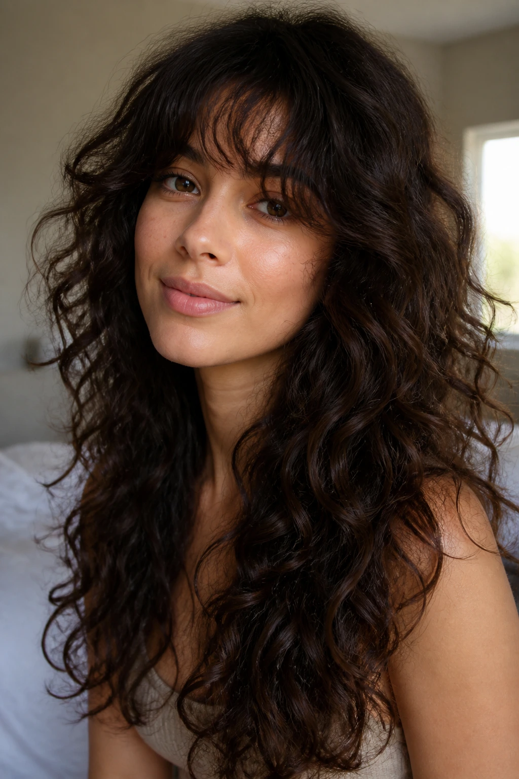 Real woman with brushable bangs and long curls