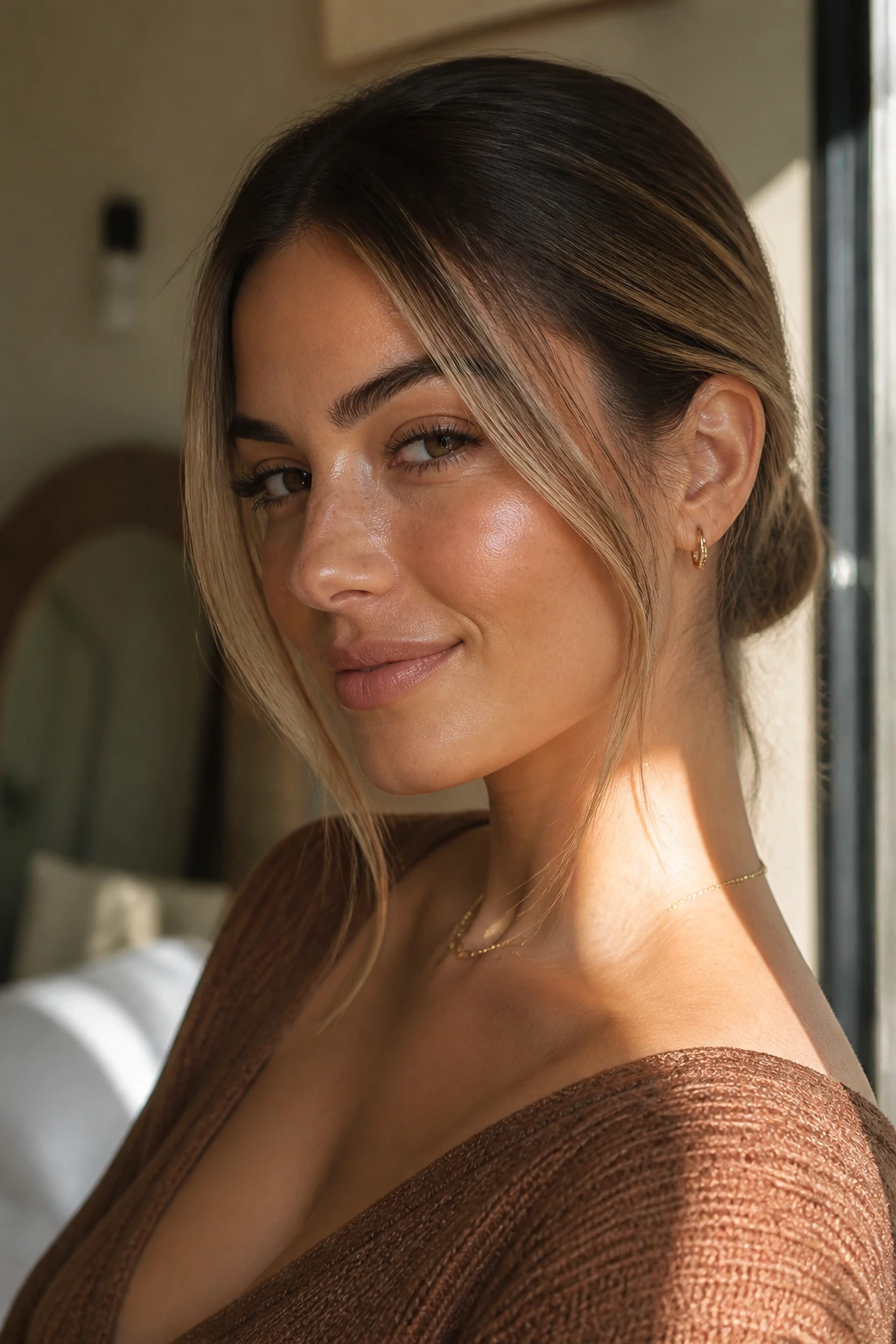 Close-up of brunette with brushed almond blonde babylights behind the ears.