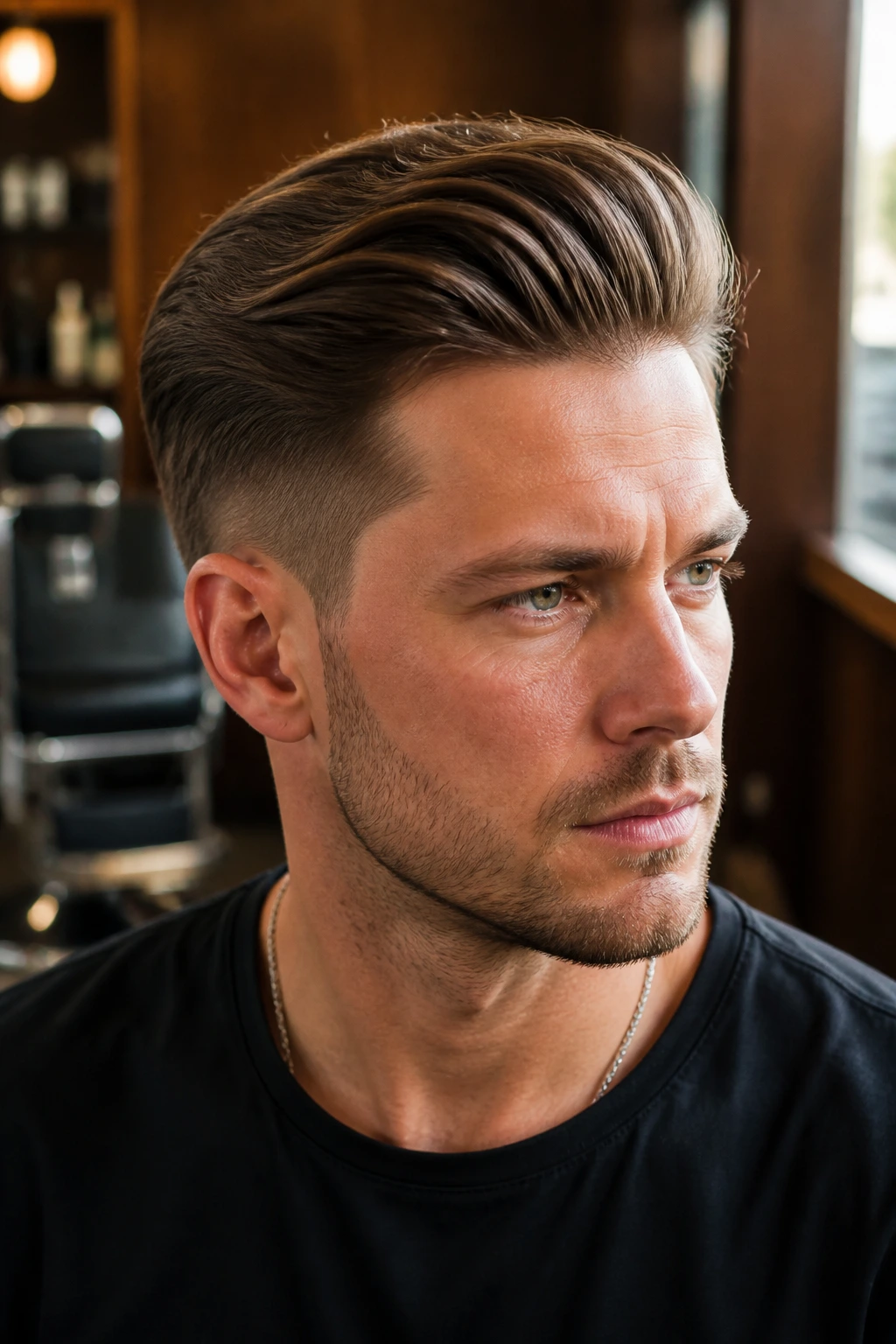 Close-up portrait of a man with brushed-back taper hairstyle in a warm barbershop setting
