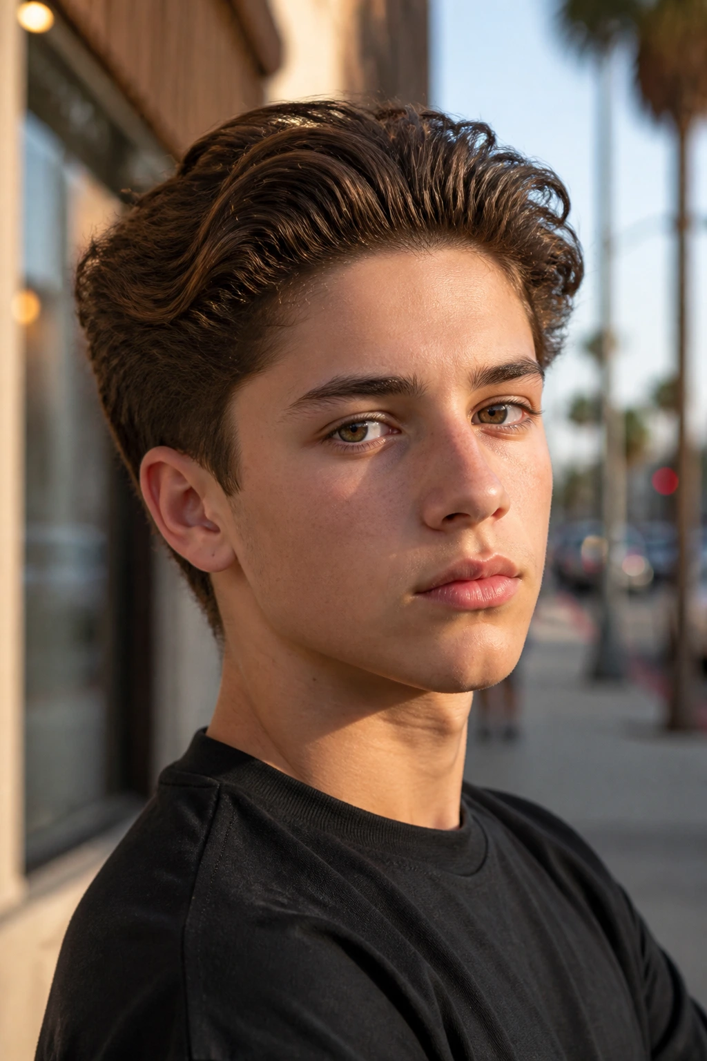 Close-up of a real boy with brushed-back wave cut hairstyle in outdoor light