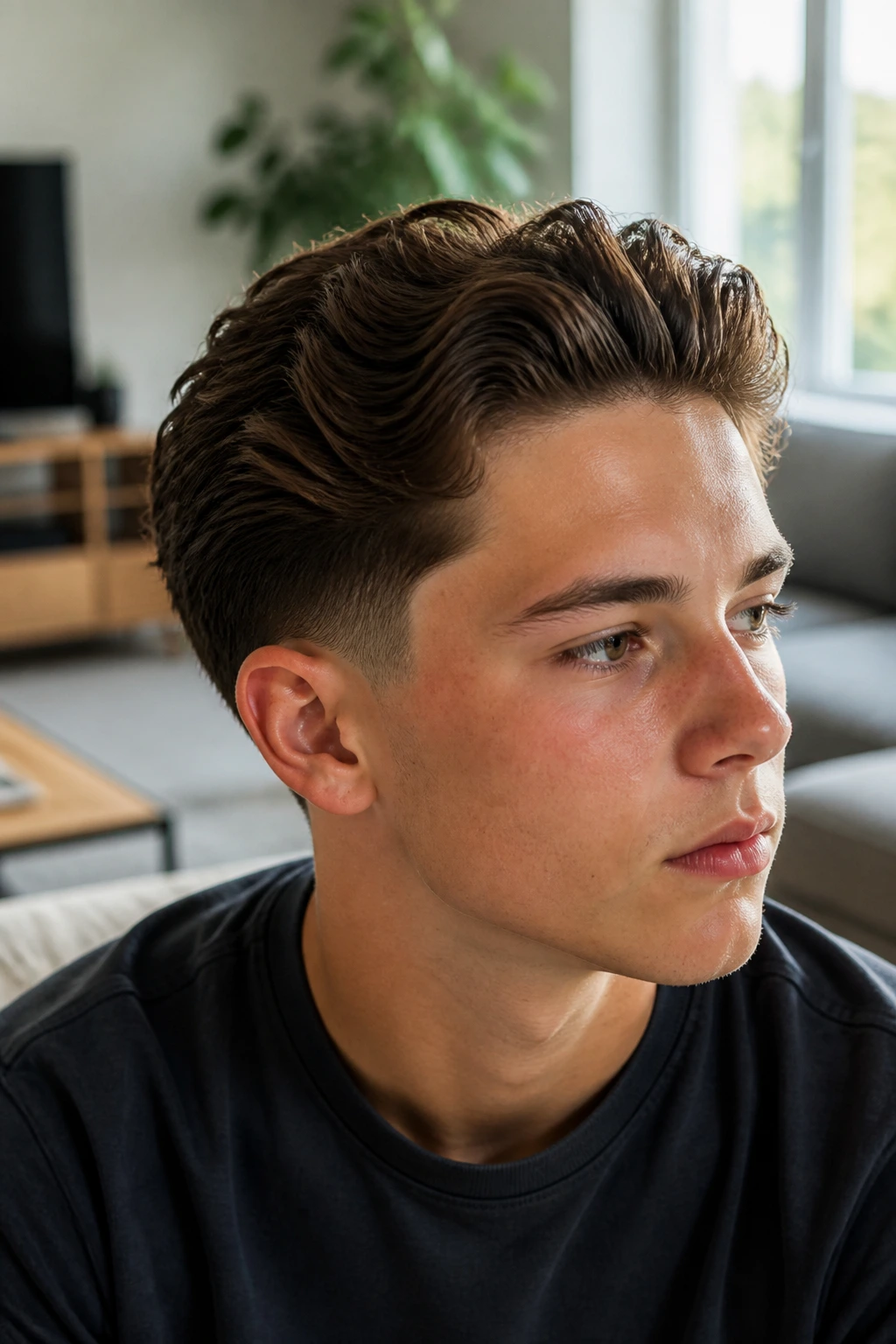 Boy with brushed-back waves and temple taper in a living room setting