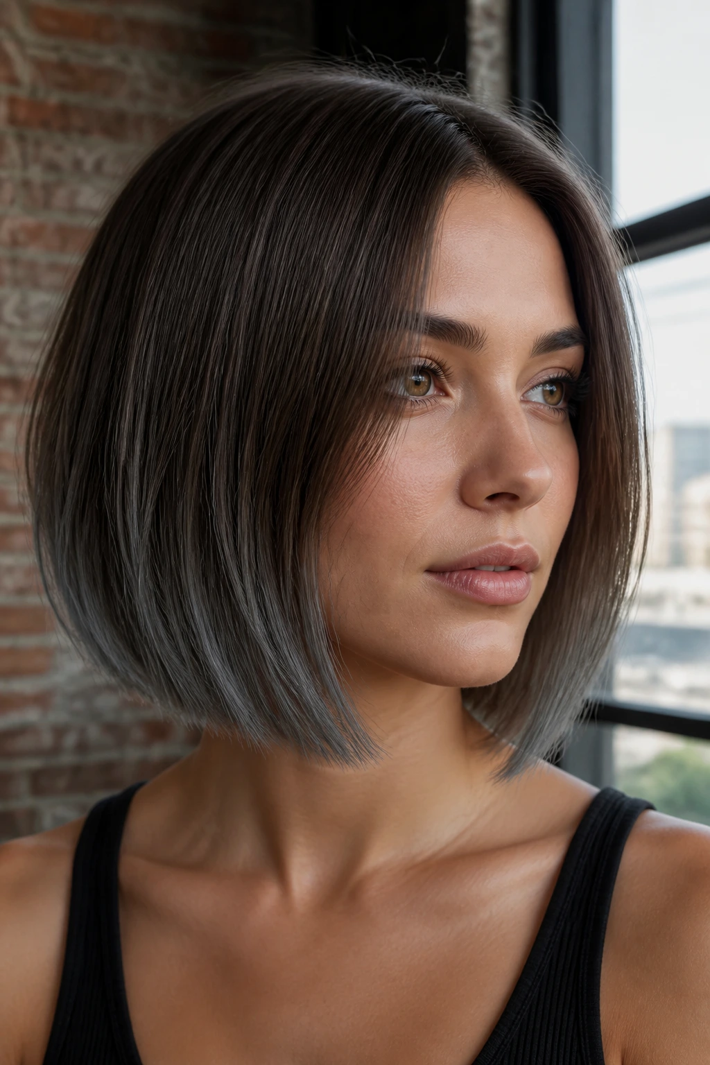 Close-up portrait of Brushed-Concrete Brown hair on a real person with a sharp bob and slate-gray ends