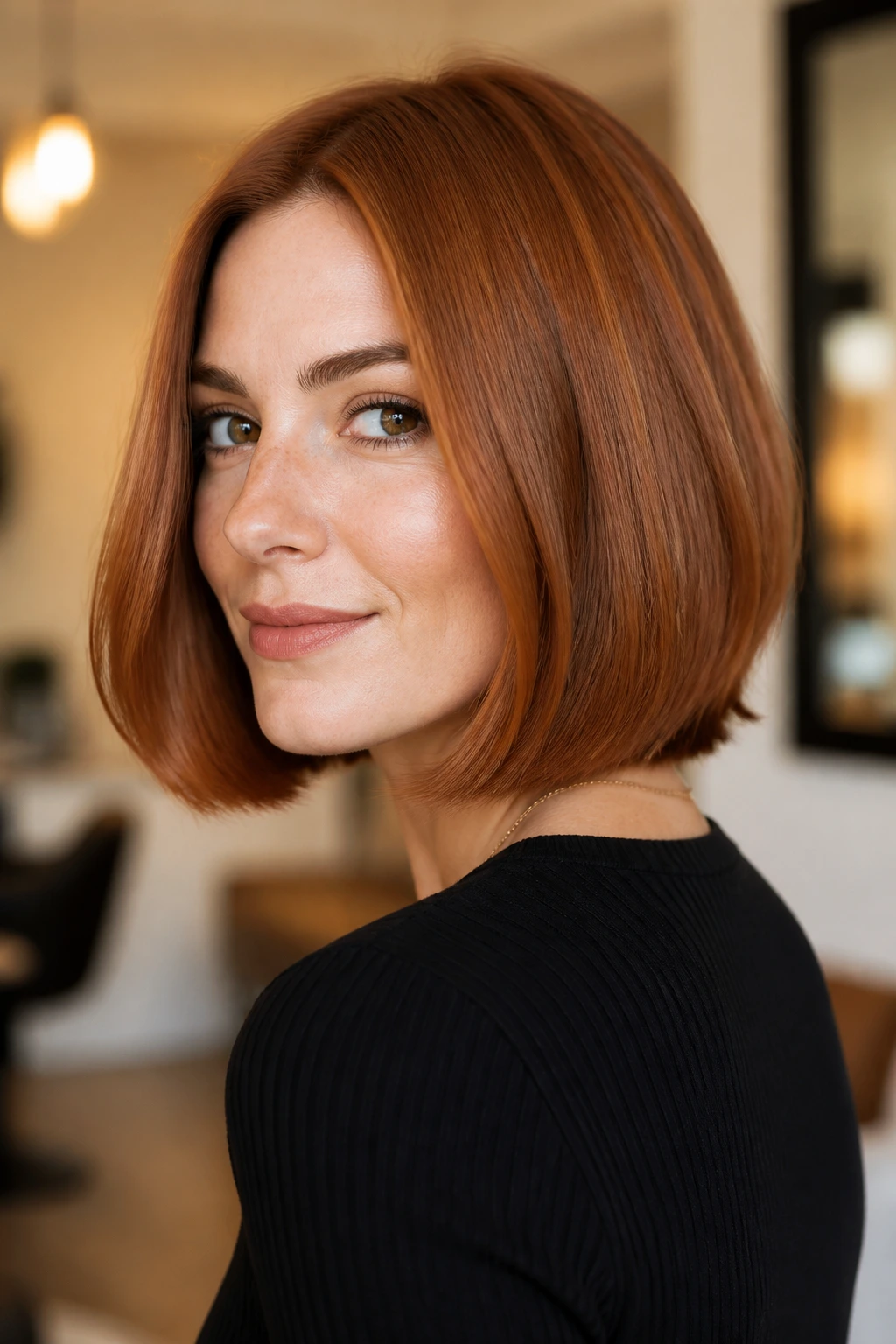 Portrait of a real woman with brushed copper bob and soft bend.
