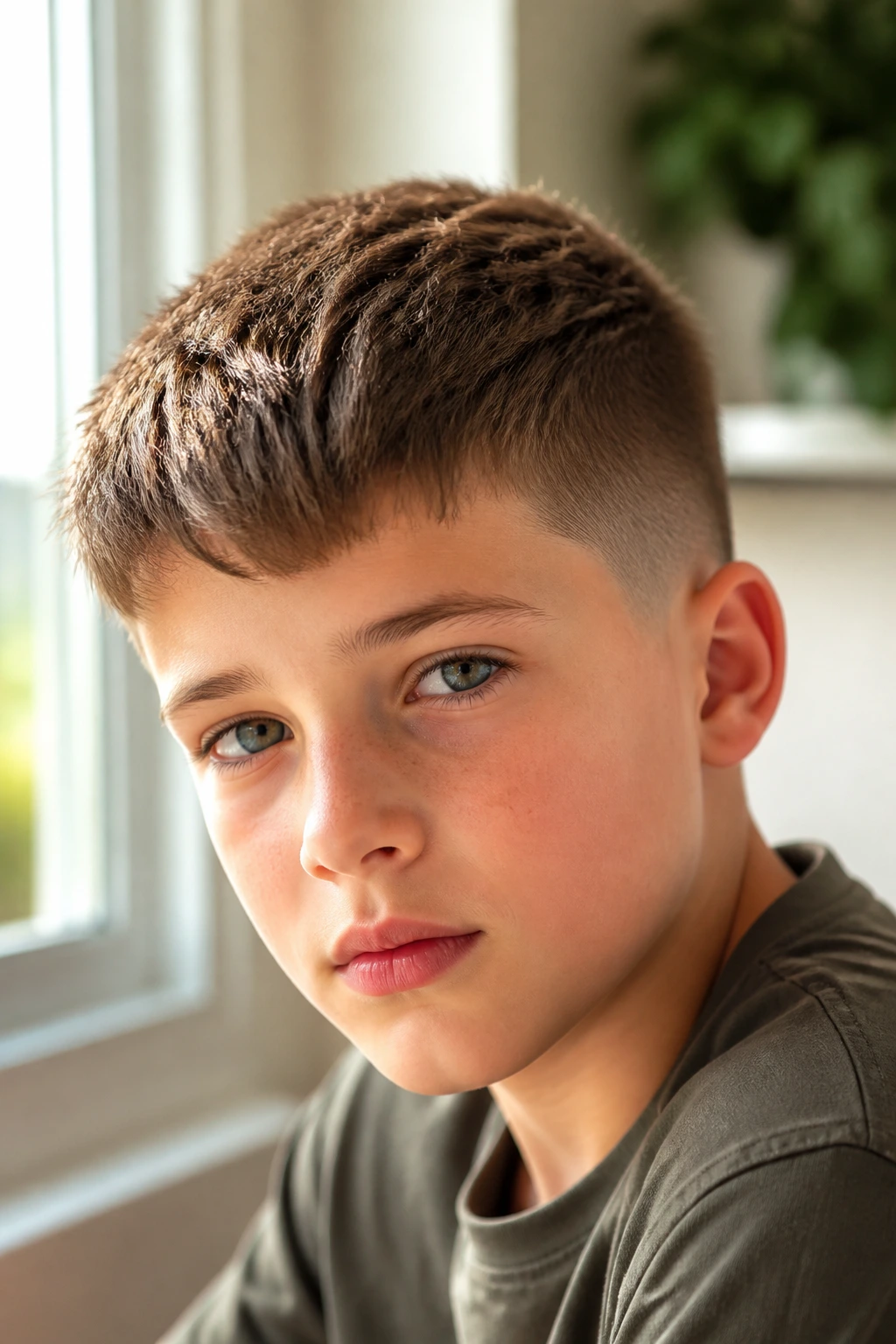 Close-up of a real boy with a brushed-forward crew cut in a bright room