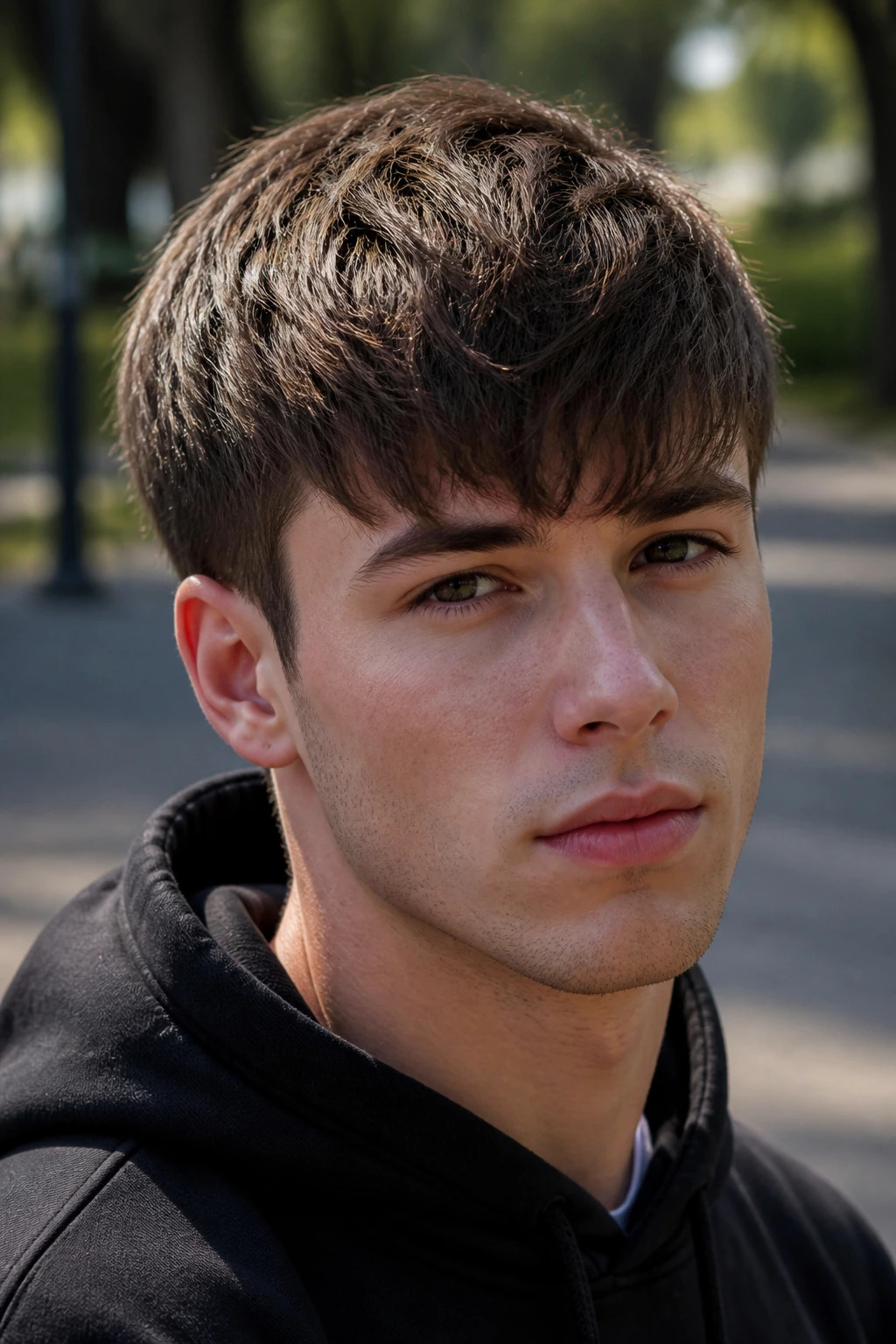 Portrait of a man with fringe brushed forward and stacked for fullness