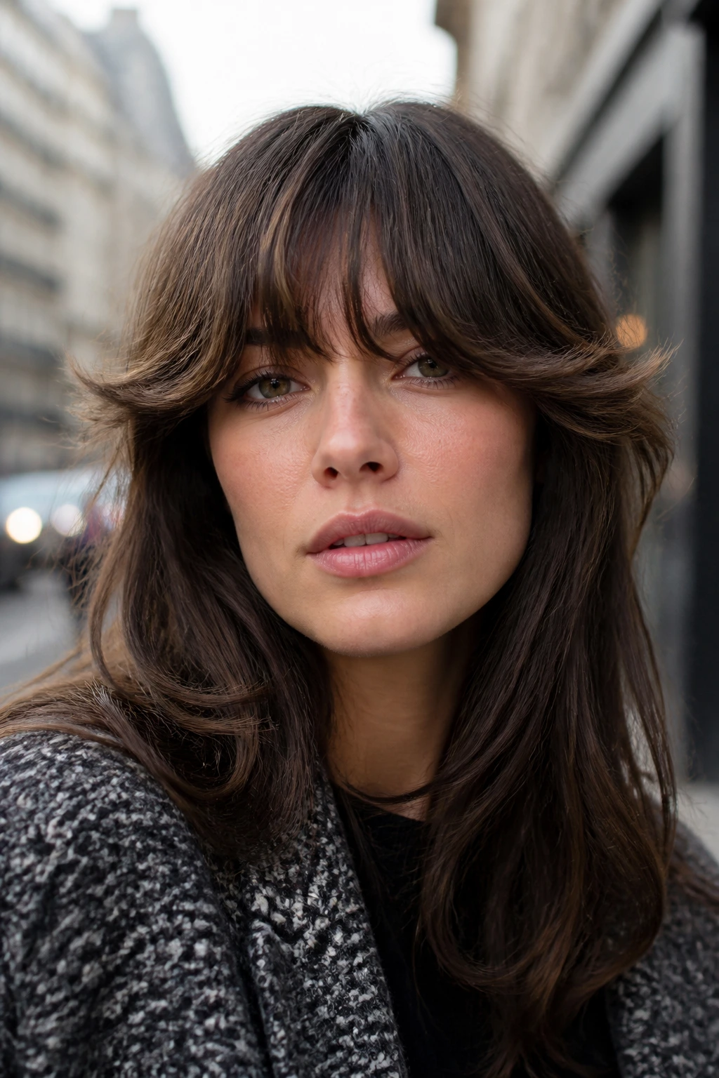 Close-up of a real person with brushed-forward fringe and big ends.