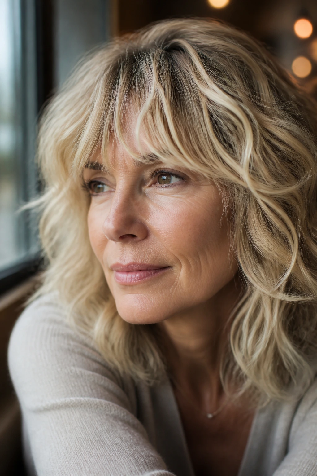 Close-up of a real woman with brushed-forward wavy fringe in daylight