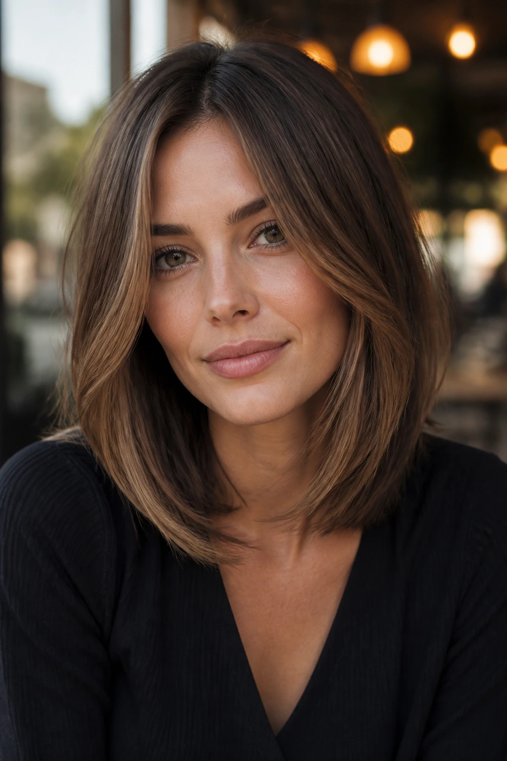 Close-up of a real woman with a brushed-forward layered lob framing the cheeks.