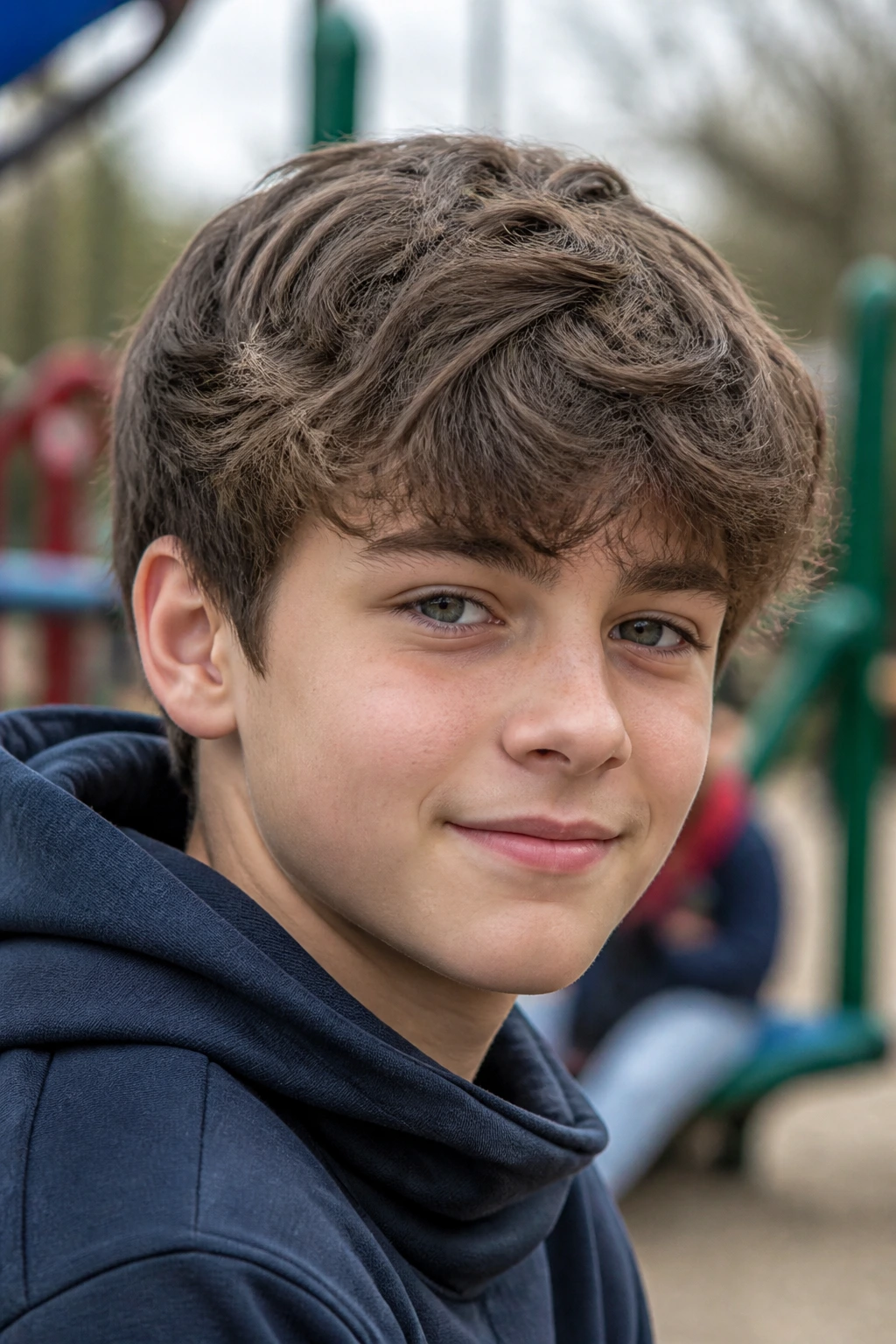 Close-up of a boy with Brushed-Forward Mop Top brushing forward over the forehead