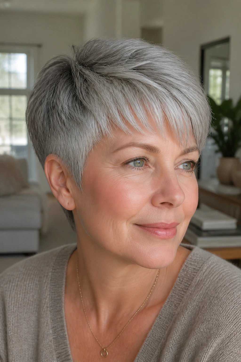 Portrait of a real woman with brushed-forward pixie and airy fringe