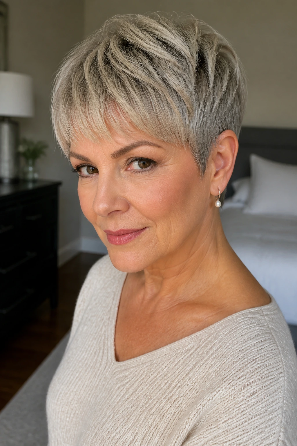 Real woman with brushed-forward pixie showing forward-directed top.
