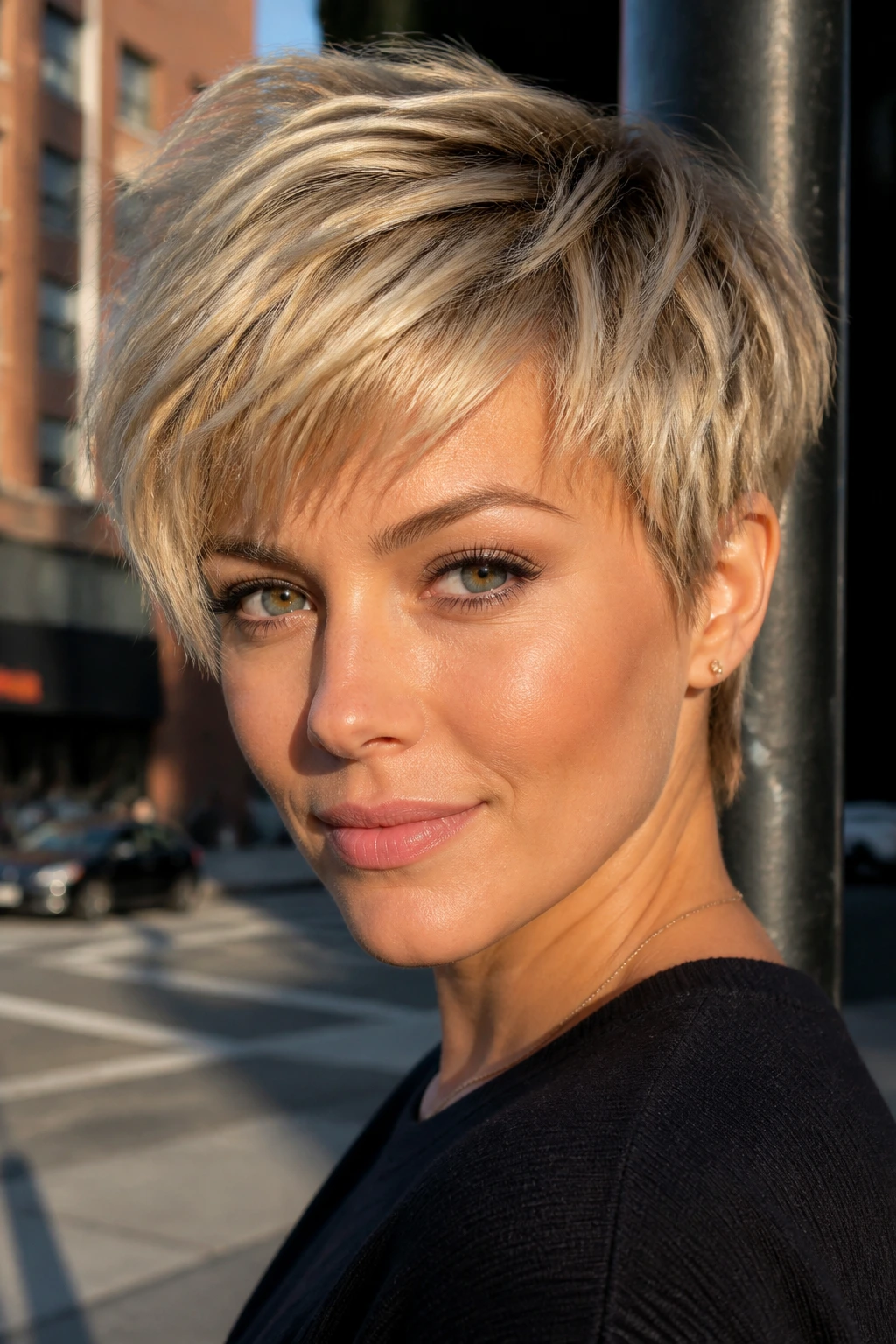 Close-up of a real woman with textured brushed-forward pixie and forward-framing pieces.