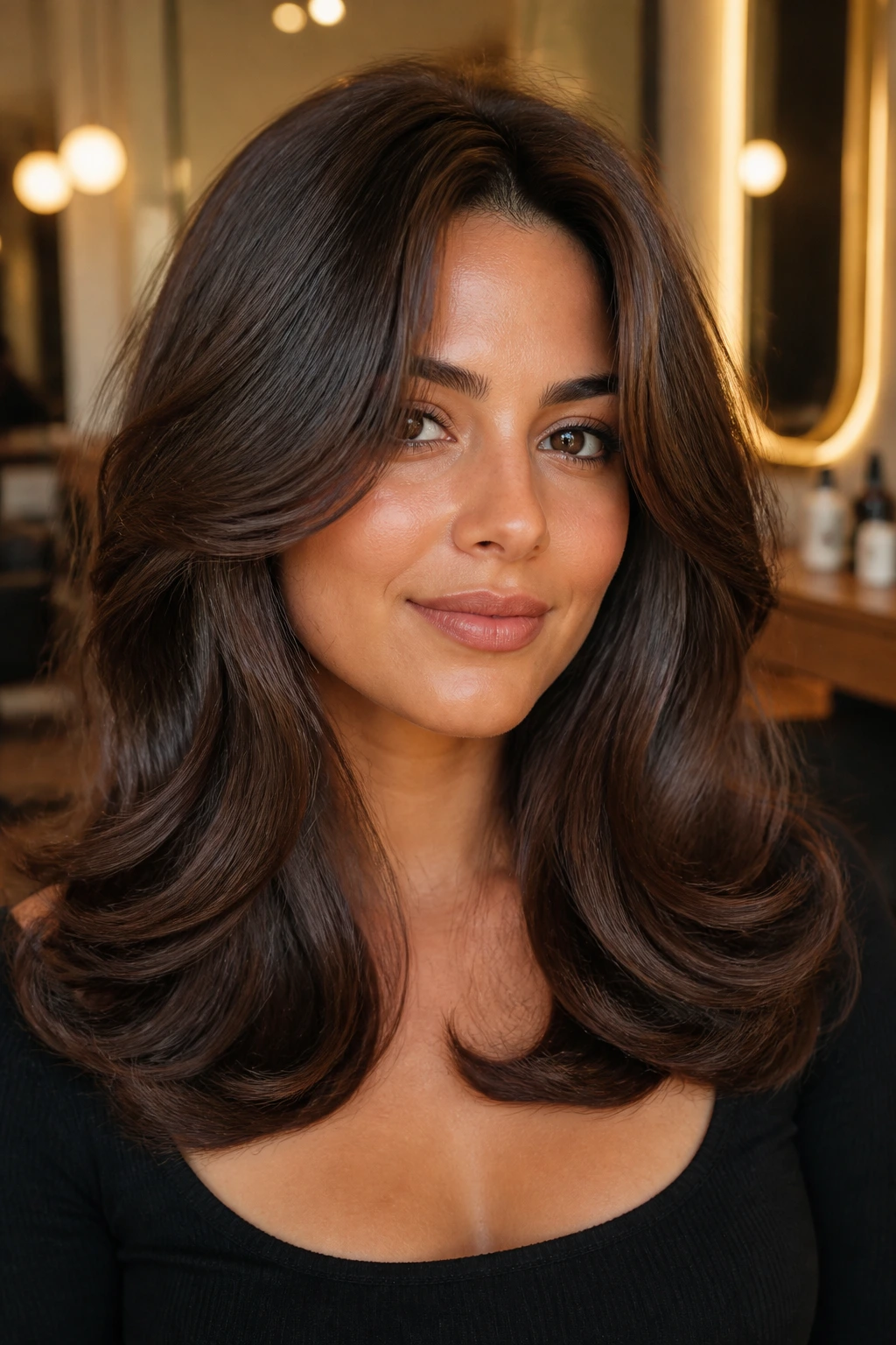 Close-up portrait of a real woman with a brushed-out formal blowout and side-swept bangs