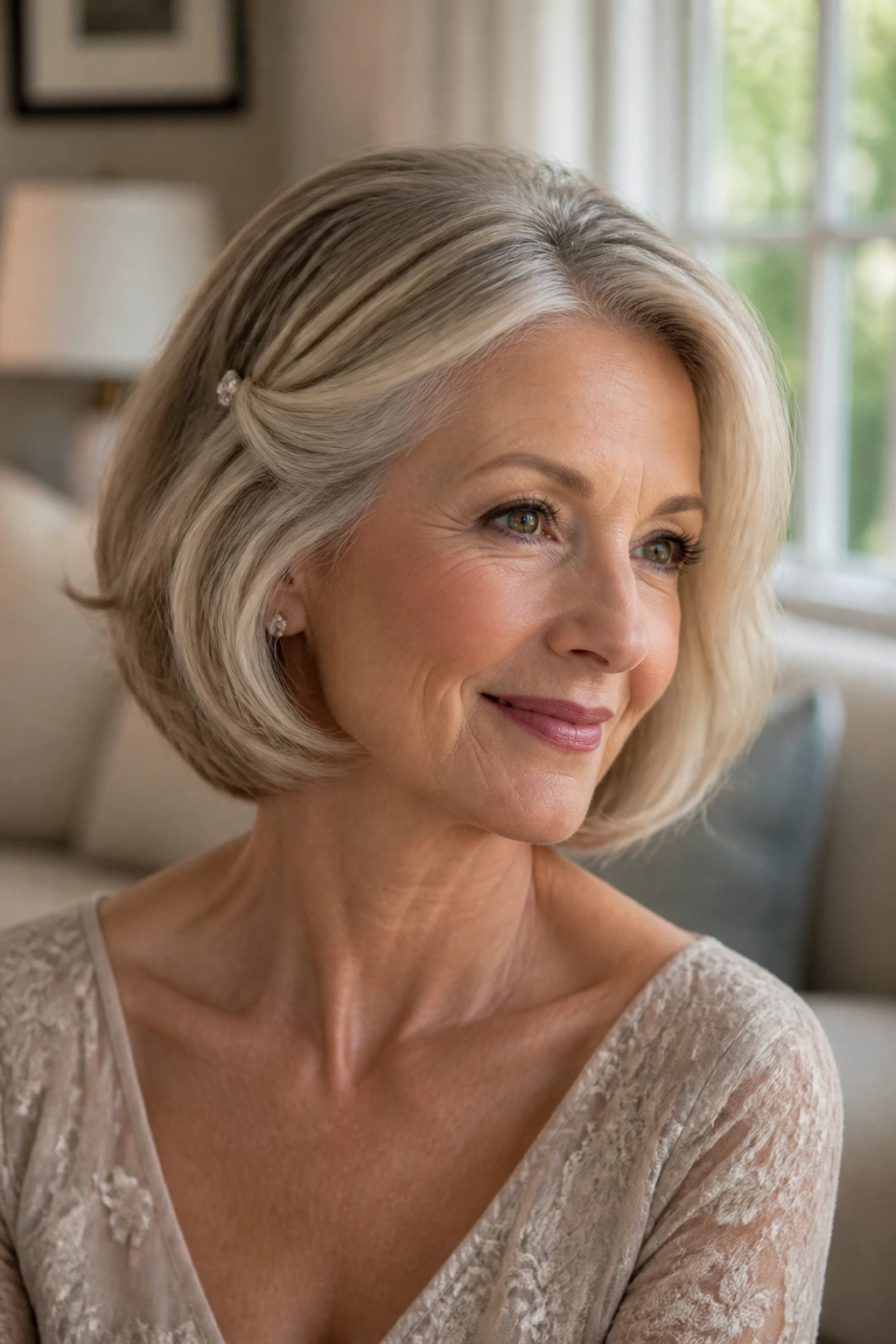 Close-up of a real woman with a brushed-out bob and gentle bends