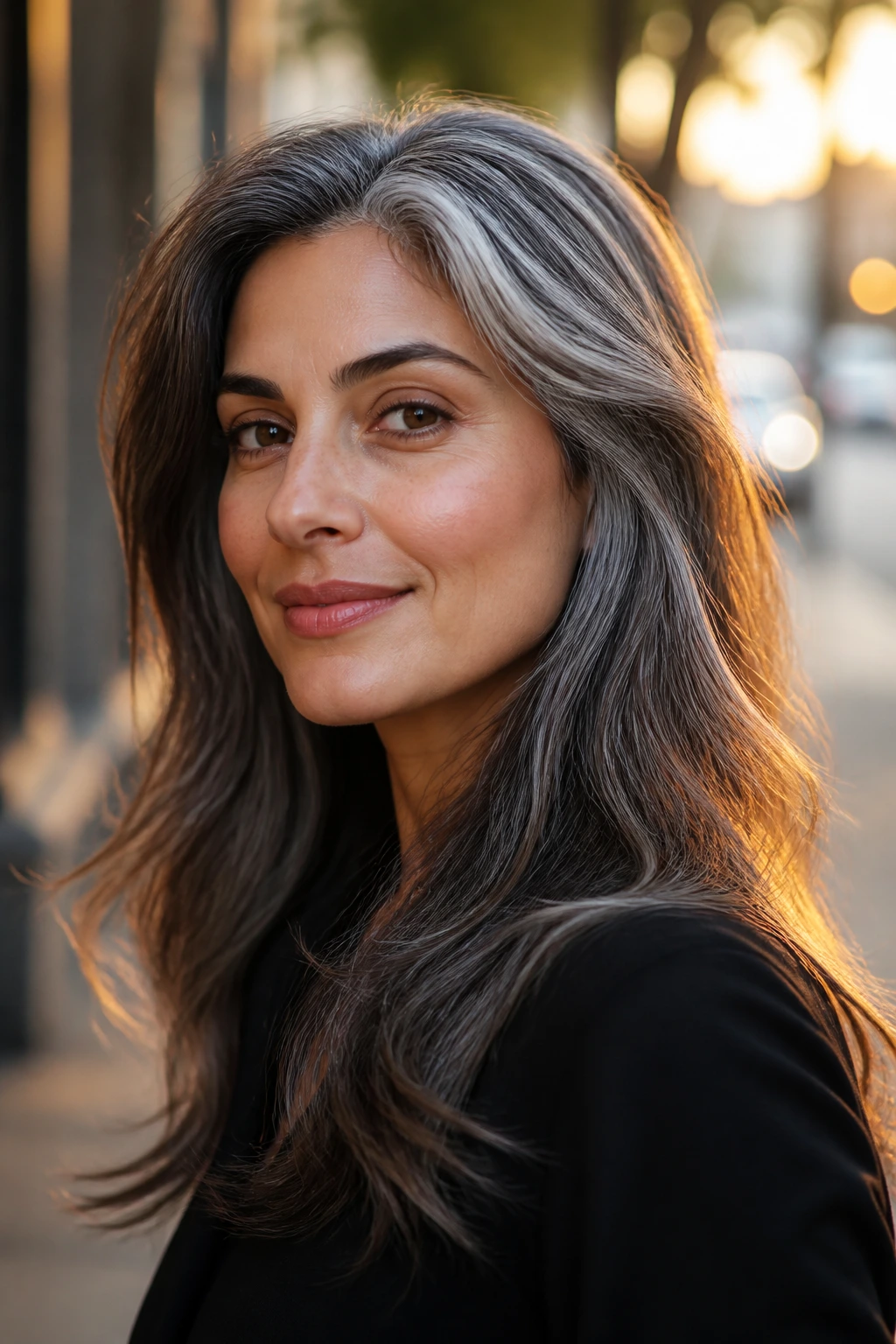 Close-up portrait of a real person with brunette-to-gray fade on hair