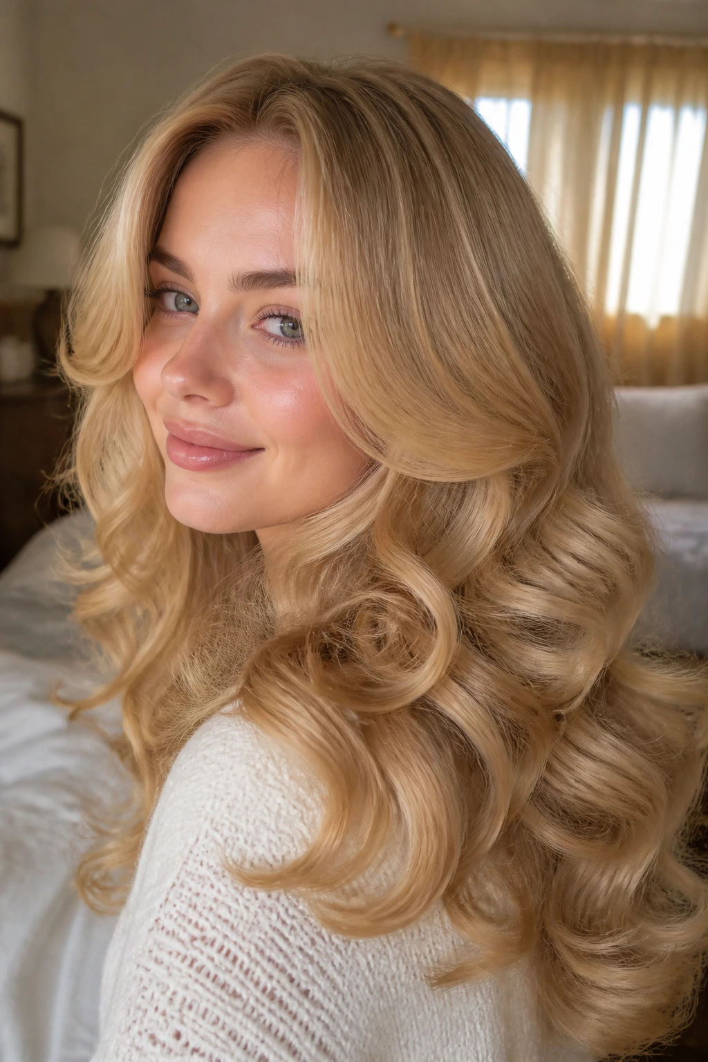 Close-up of a real woman with brushed-out curly blonde hair in warm bedroom window light