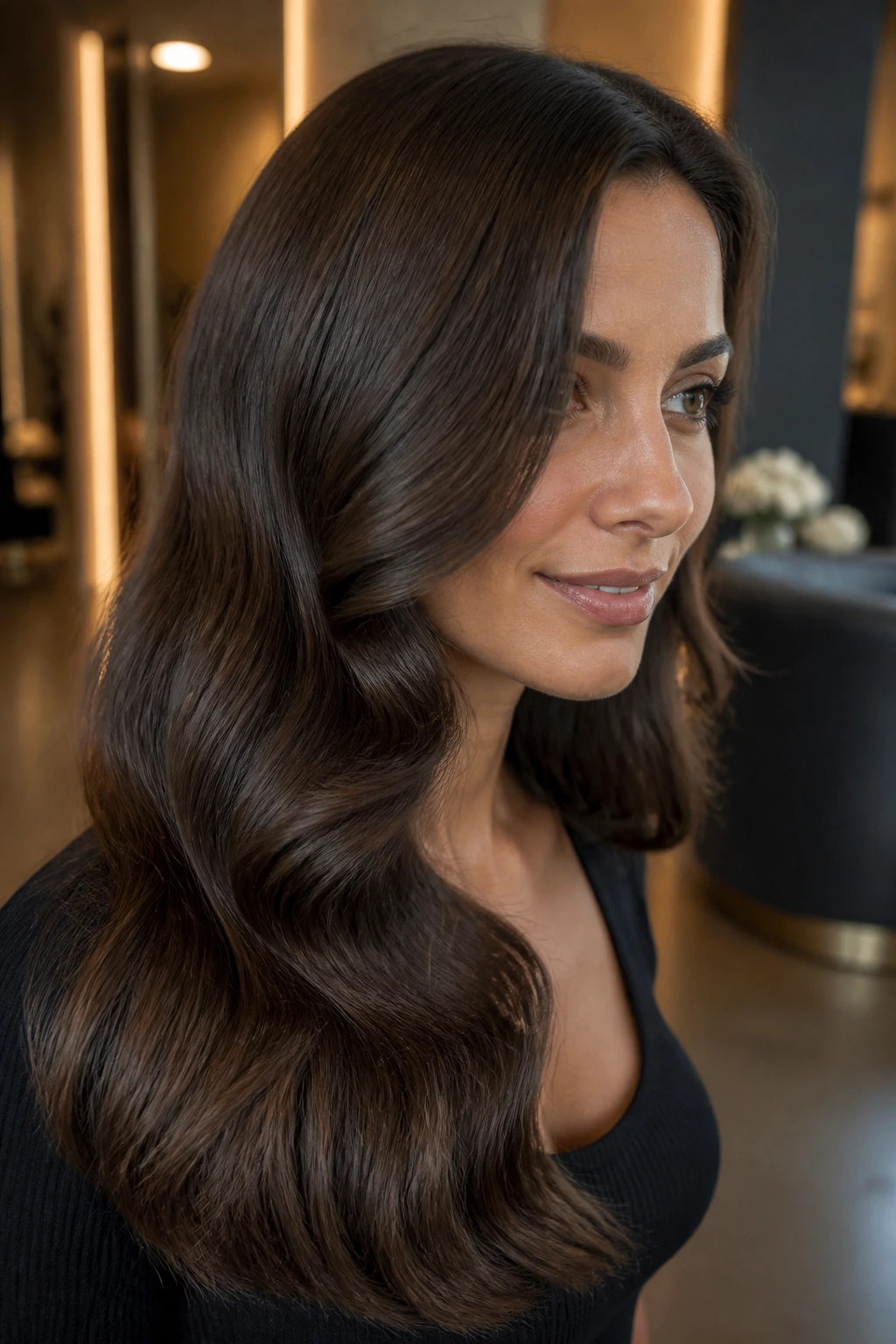Close-up of brushed-out curls forming a single wave on thick hair