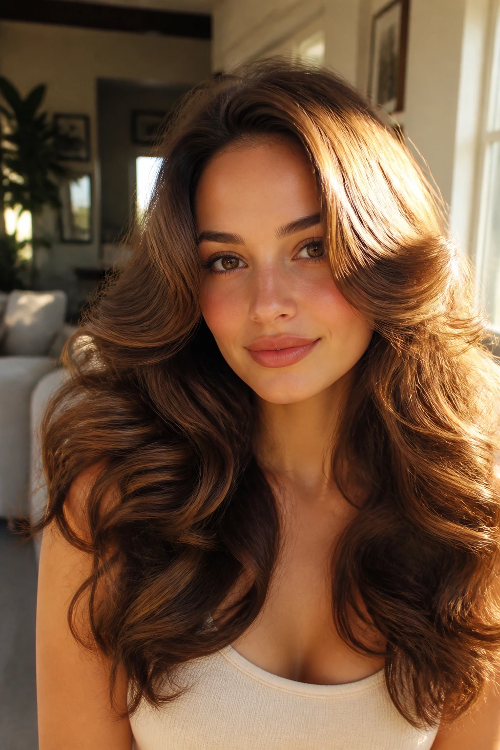 Real woman with brushed-out glam curls forming a soft cloud around the head