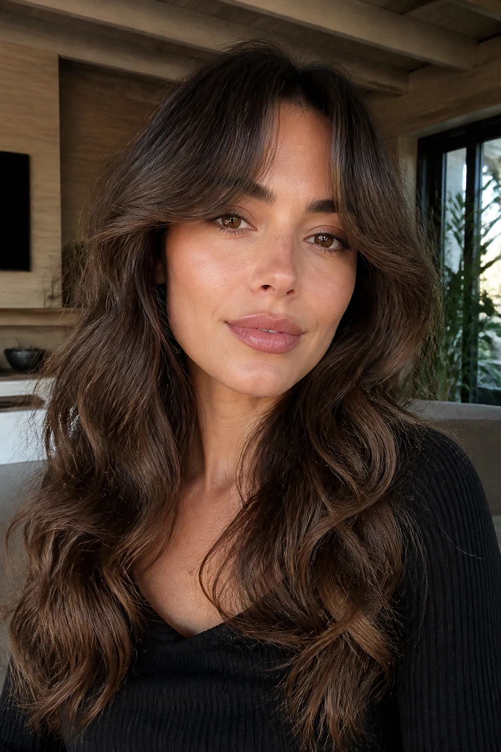 Portrait of a real woman with glam brushed-out waves and curtain bangs