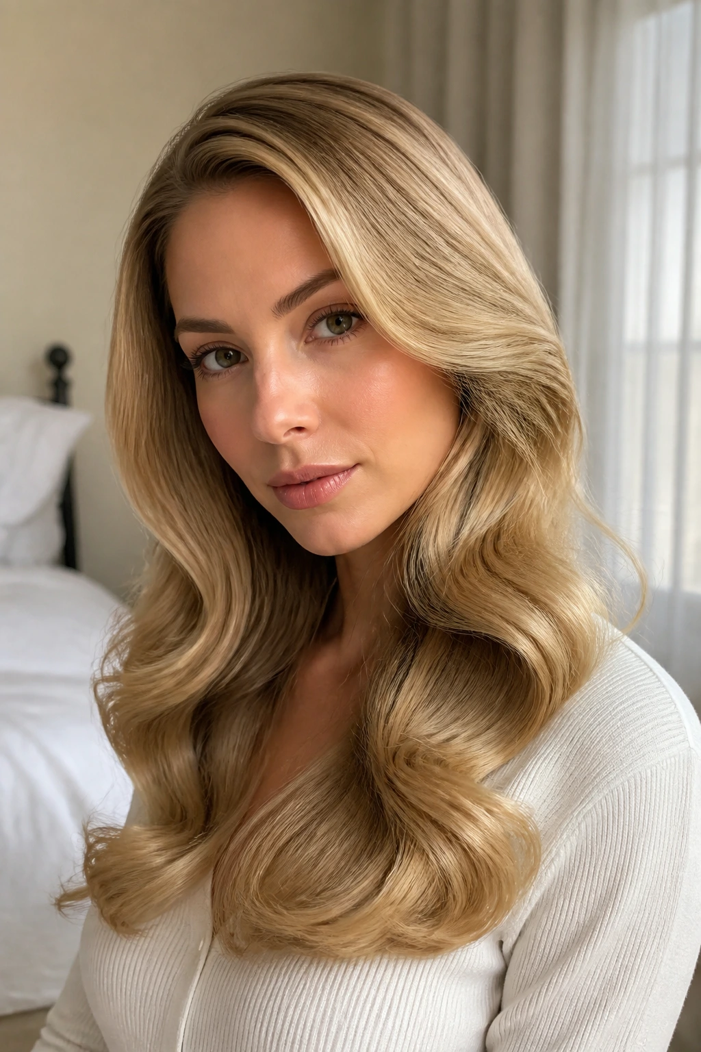 Close-up of a real woman's brushed-out Hollywood waves for wide, soft texture.