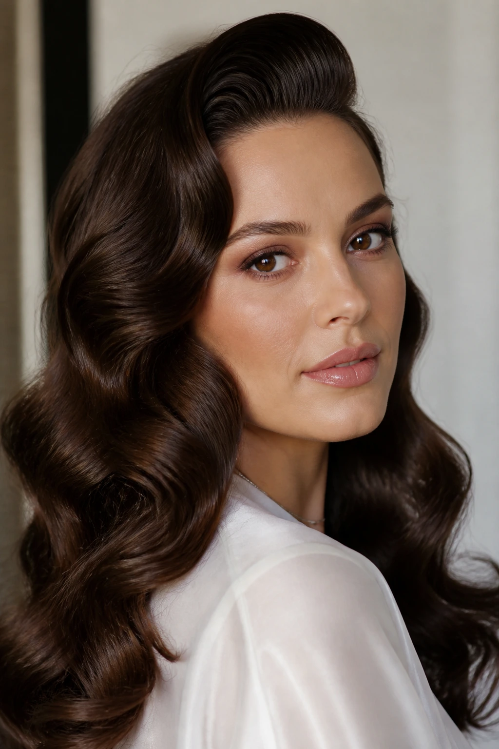Close-up of a real woman with brushed-out Hollywood waves