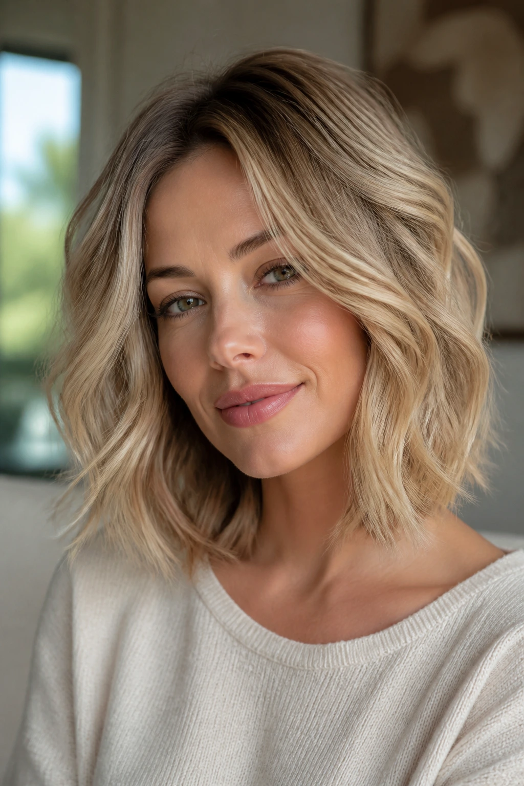 Close-up of a real woman with brushed-out lob and soft volume
