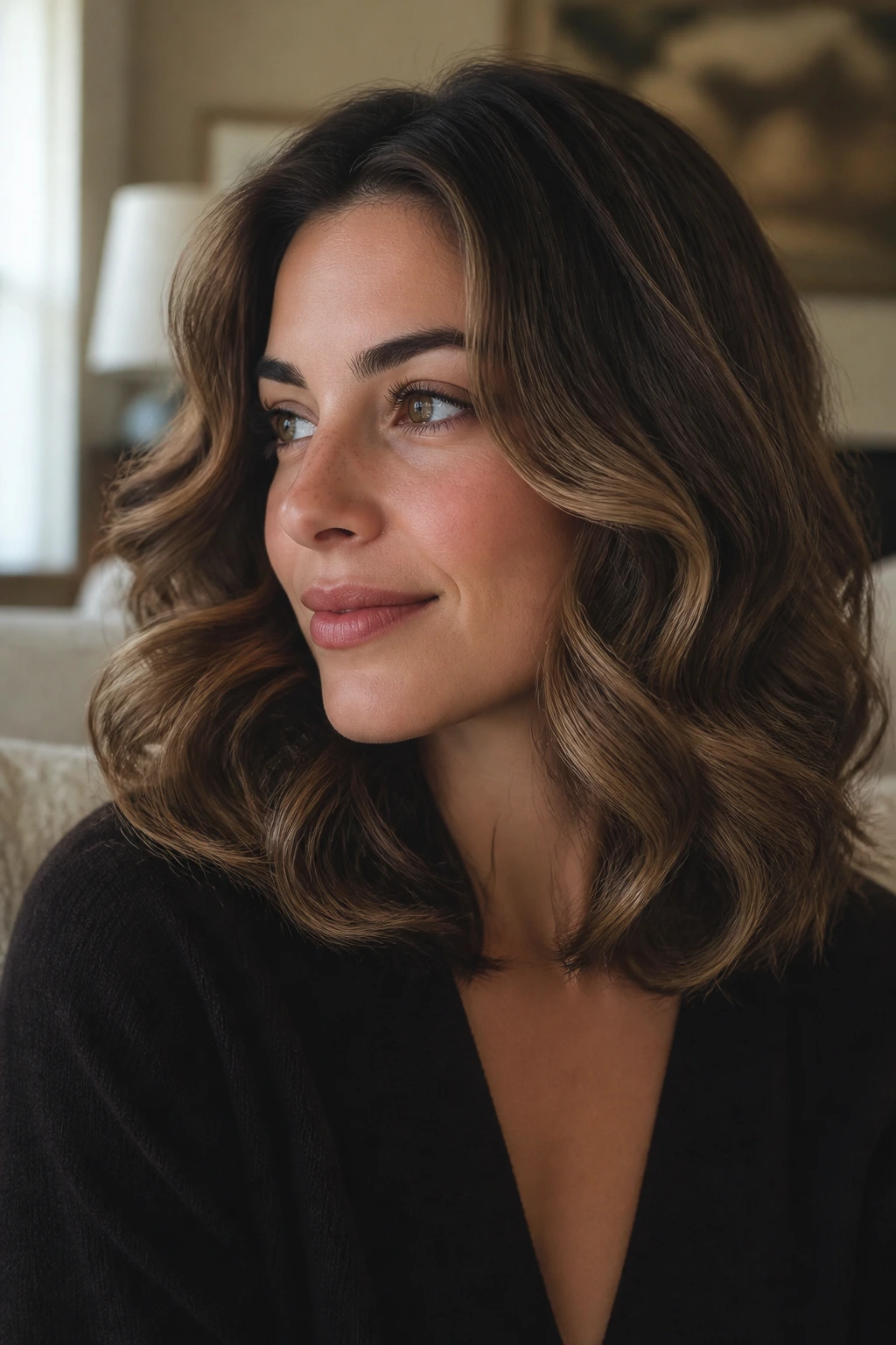 Close-up of a woman with brushed-out ribbon curls in soft daylight