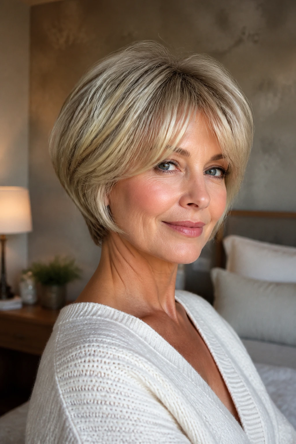 Portrait of a woman with brushed-out stack and soft old-Hollywood fringe.