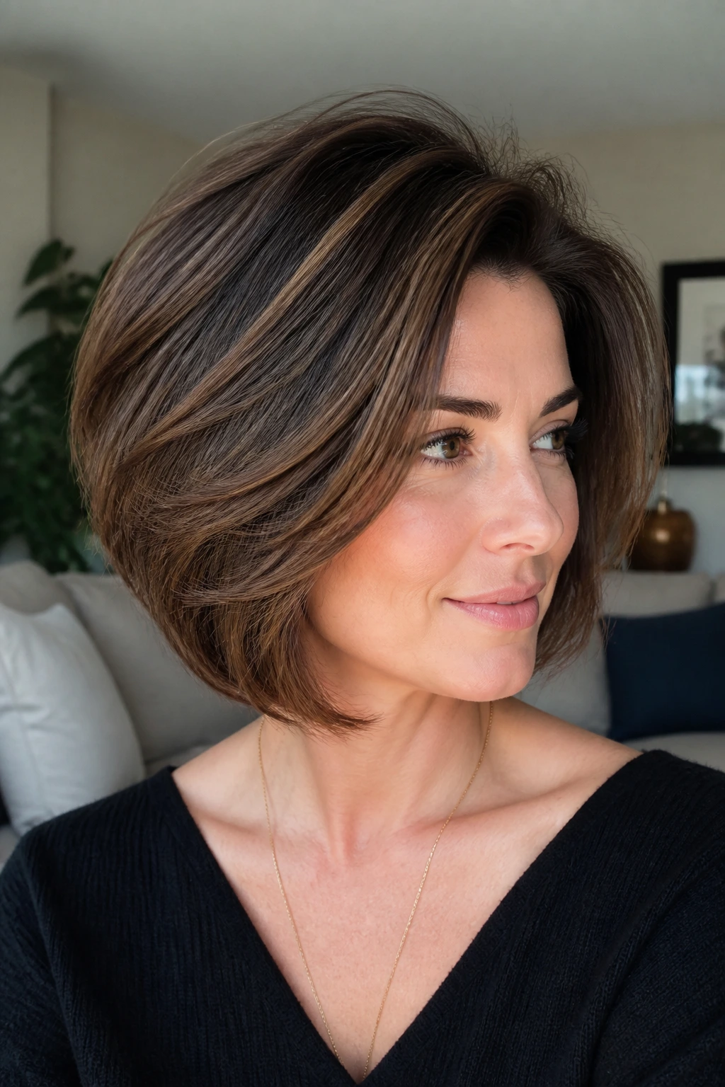 Close-up of a real woman with crown volume and midlength lift in a brushed-out volume bob