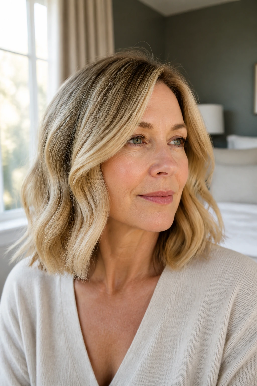 Close-up of a woman with brushed-out waves and straight ends in a soft-lit bedroom