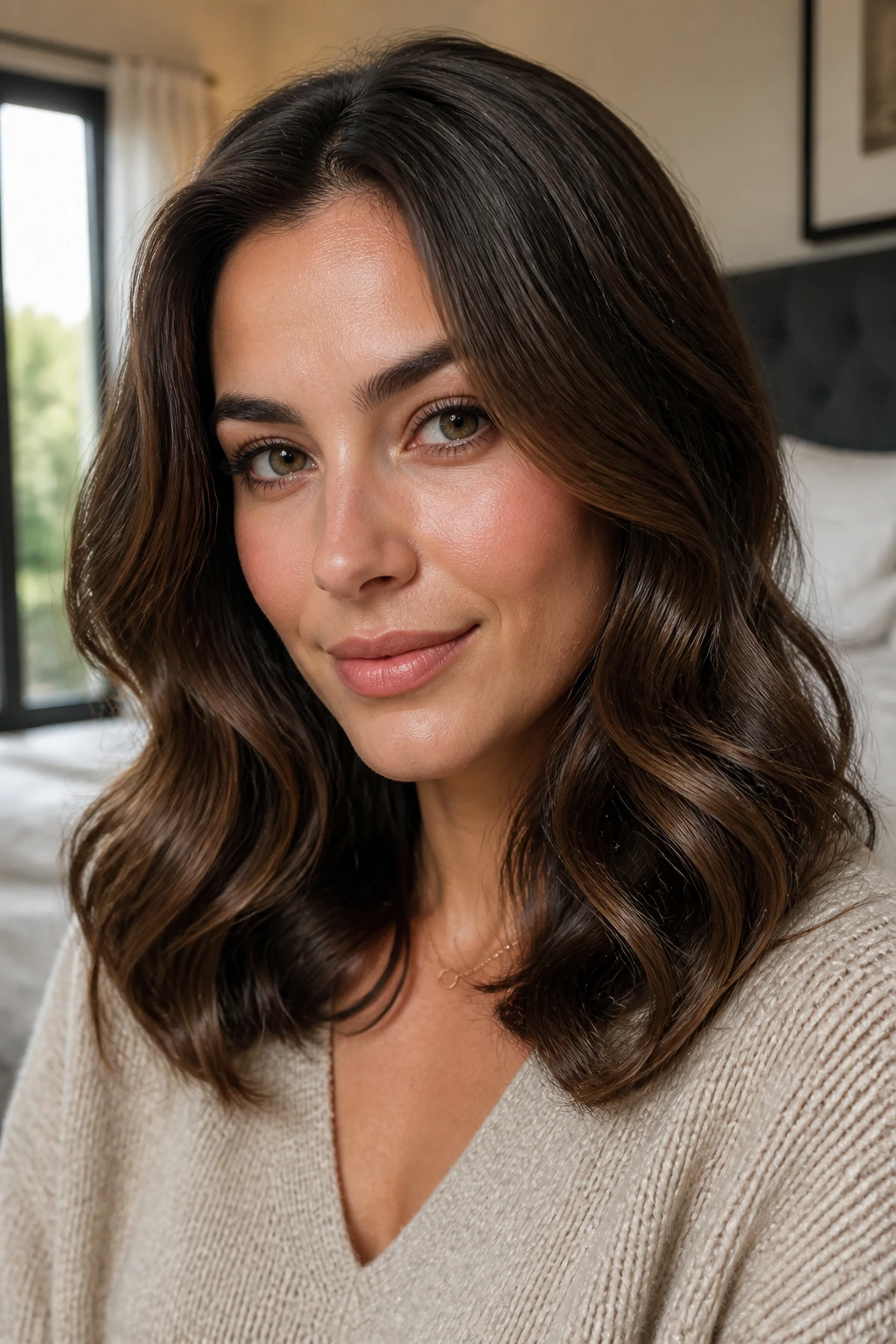 Close-up of a real woman with brushed-out soft waves and glossy finish