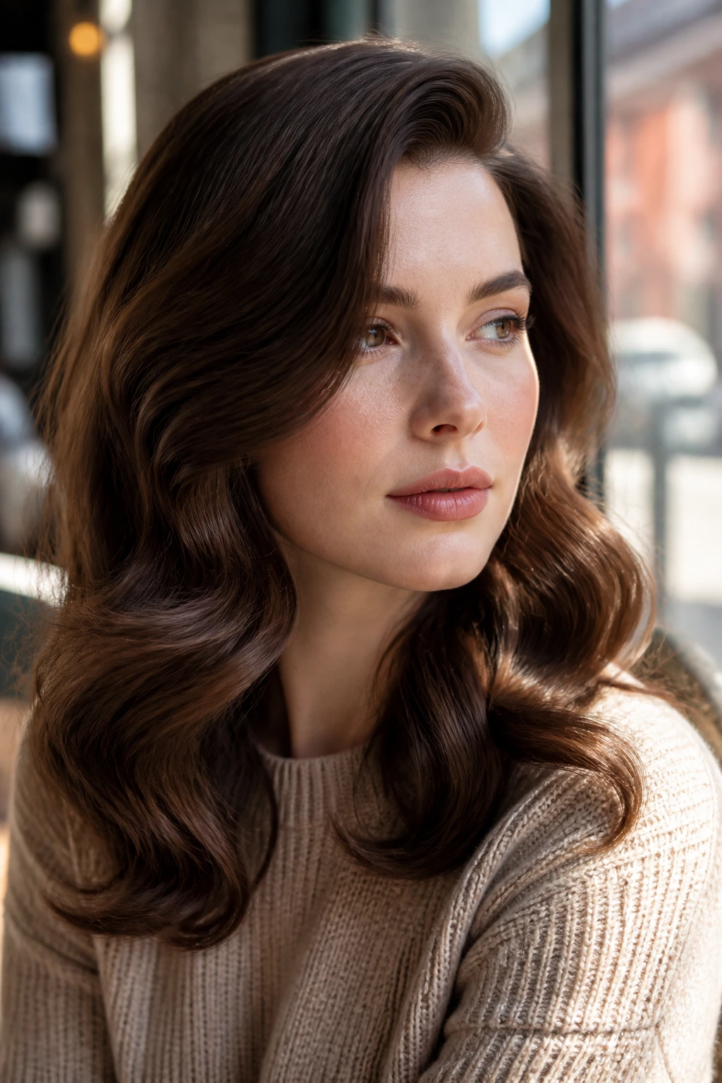 Close-up of woman with brushed-out Hollywood waves in medium brunette shade against pale skin