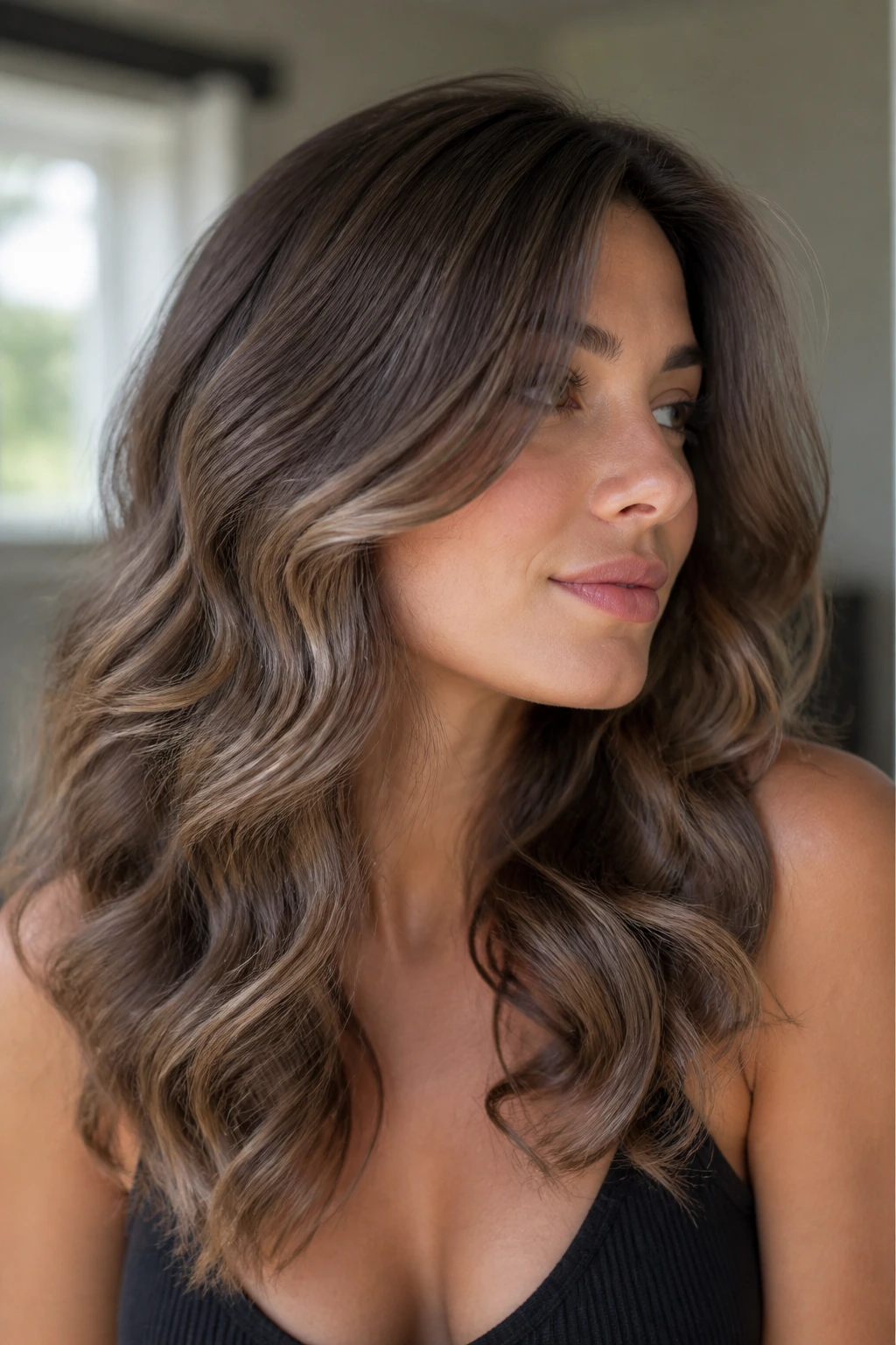 Real woman with brushed-out waves and mushroom brown depth in 2C hair
