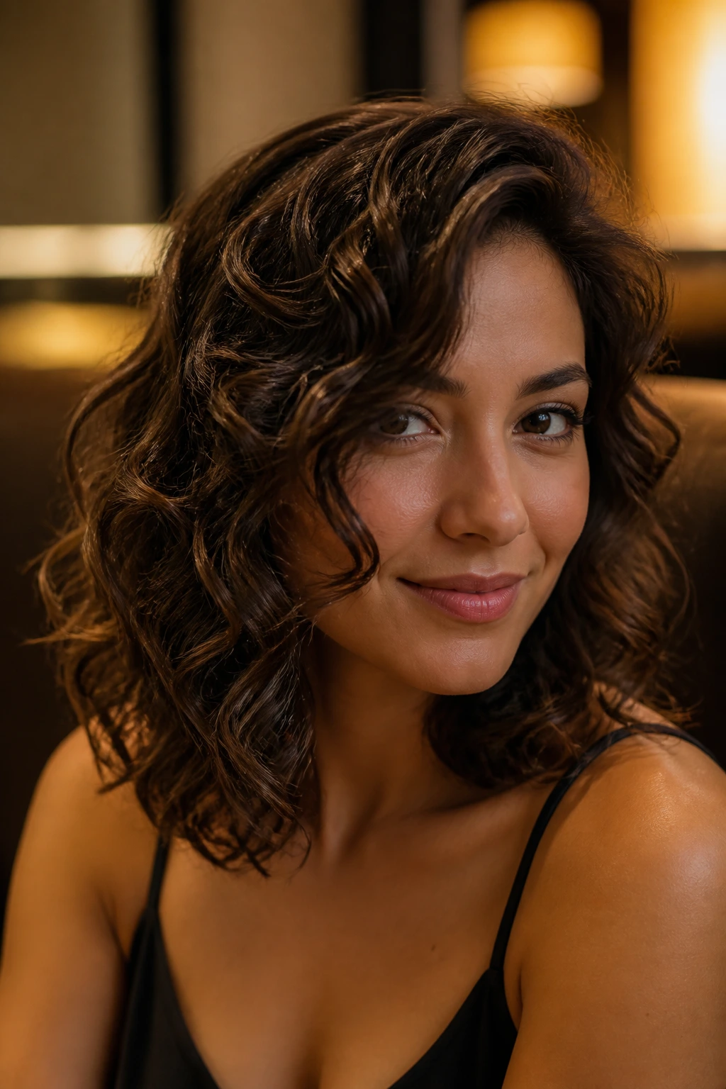 Close-up of a real woman with shoulder-length brushed-out waves and side-sweep