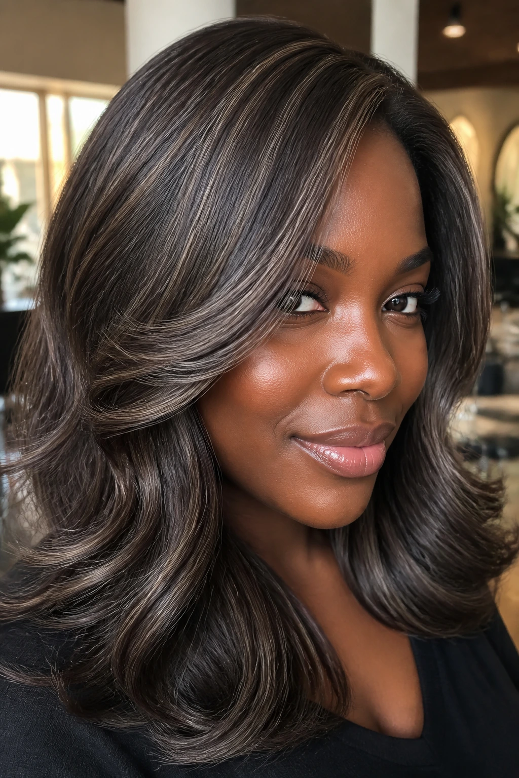 Close-up of a real person with fine brushed steel babylights through layered brunette hair in natural light
