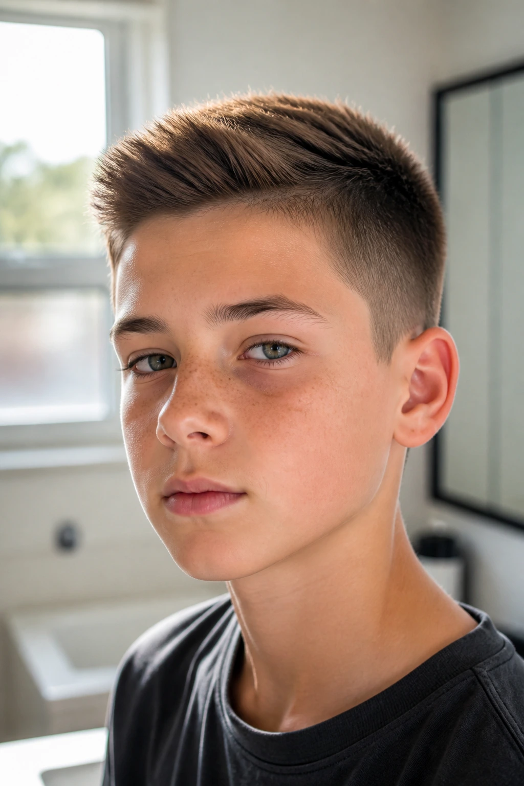 Close-up of a real boy with a brushed-up crew cut in a modern home setting