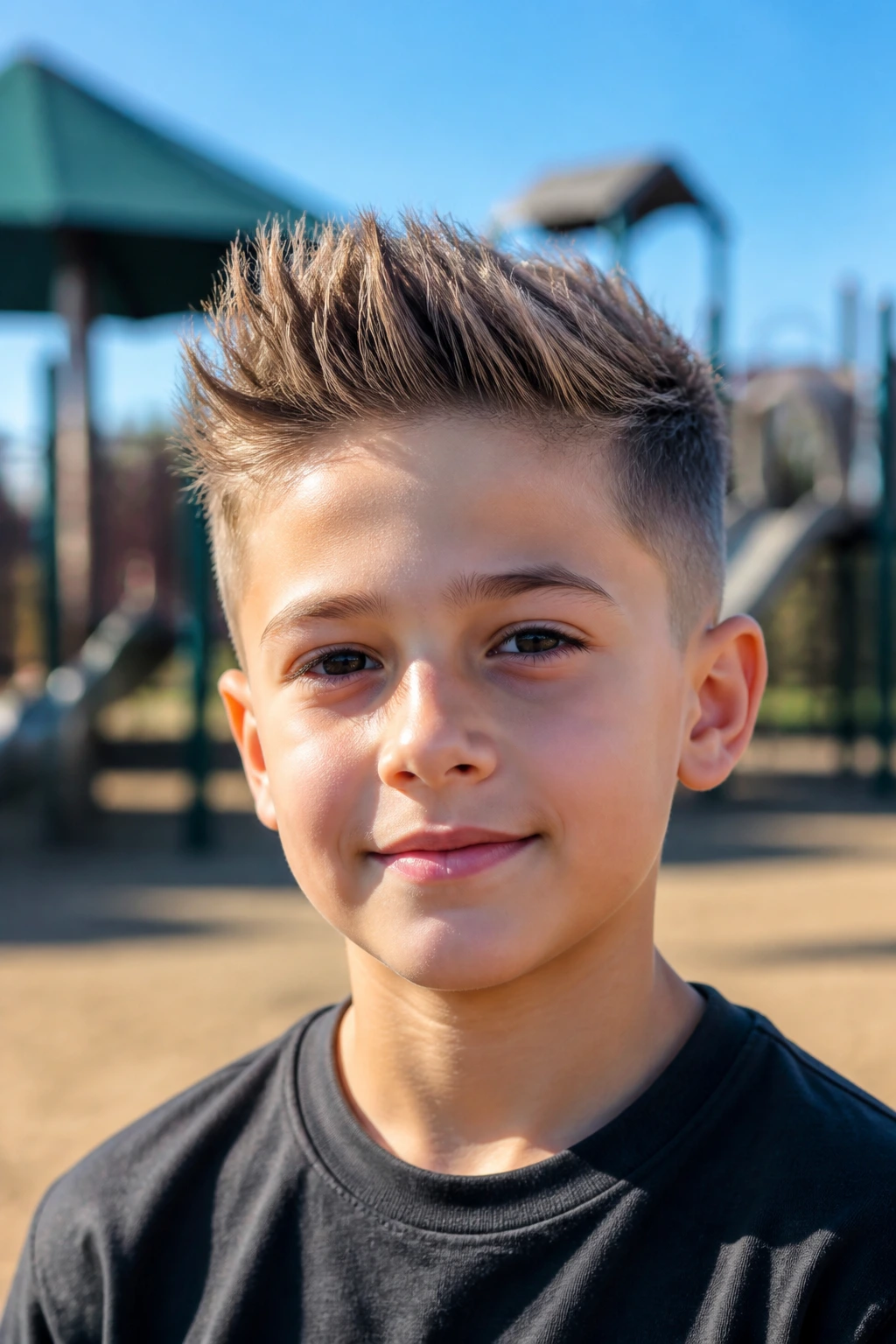 Boy with brushed-up taper fade hairstyle in an outdoor playground.