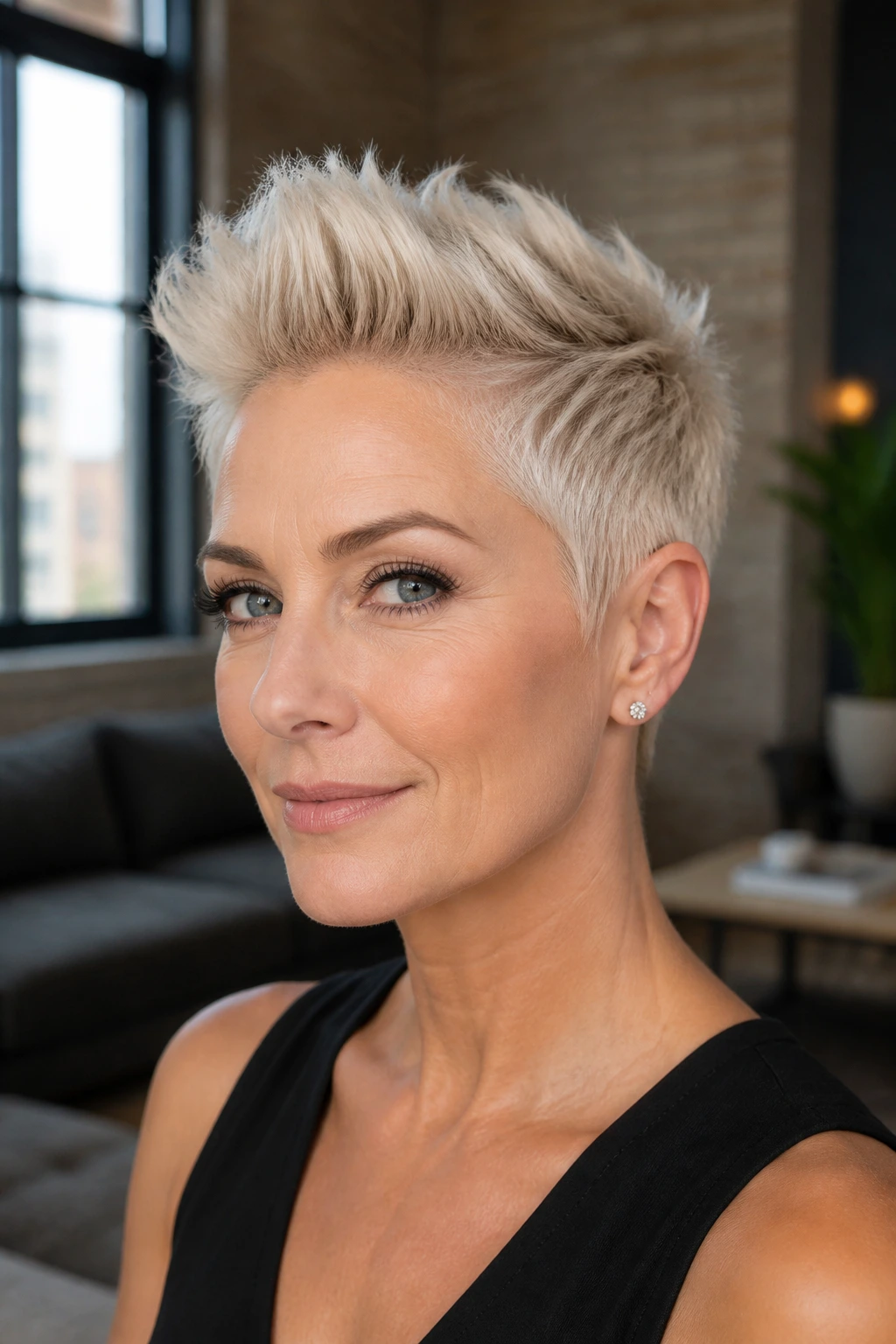 Real woman with brushed-up tapered crop in platinum blonde, modern loft background