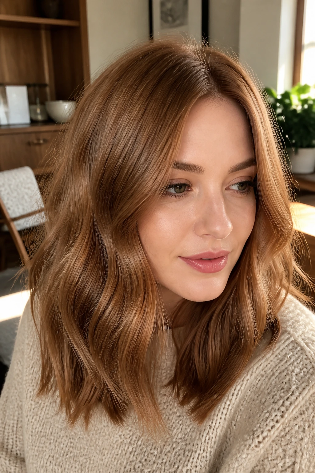 Close-up portrait of a real woman with Brushed Walnut Strawberry hair color