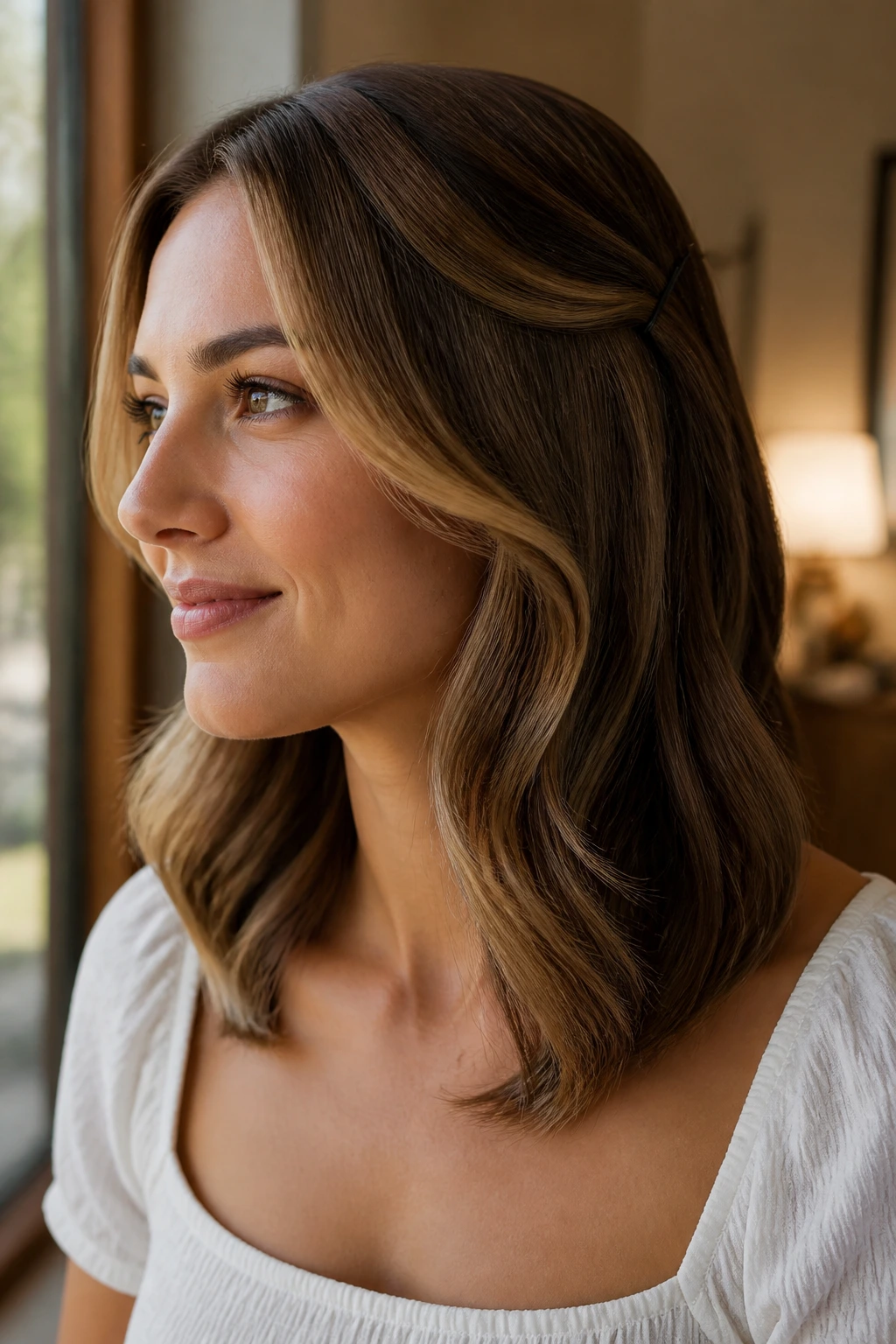 Real woman with brushed wave hairstyle and temple pin