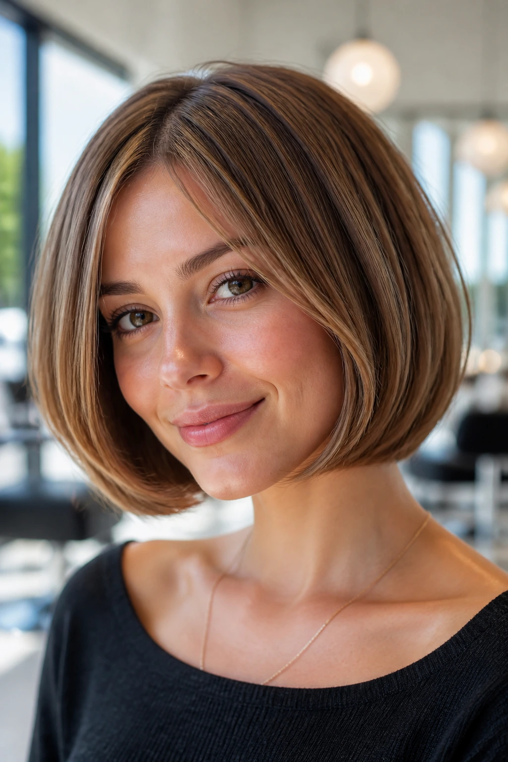 Close-up of a real woman with a rounded bubble bob hairstyle