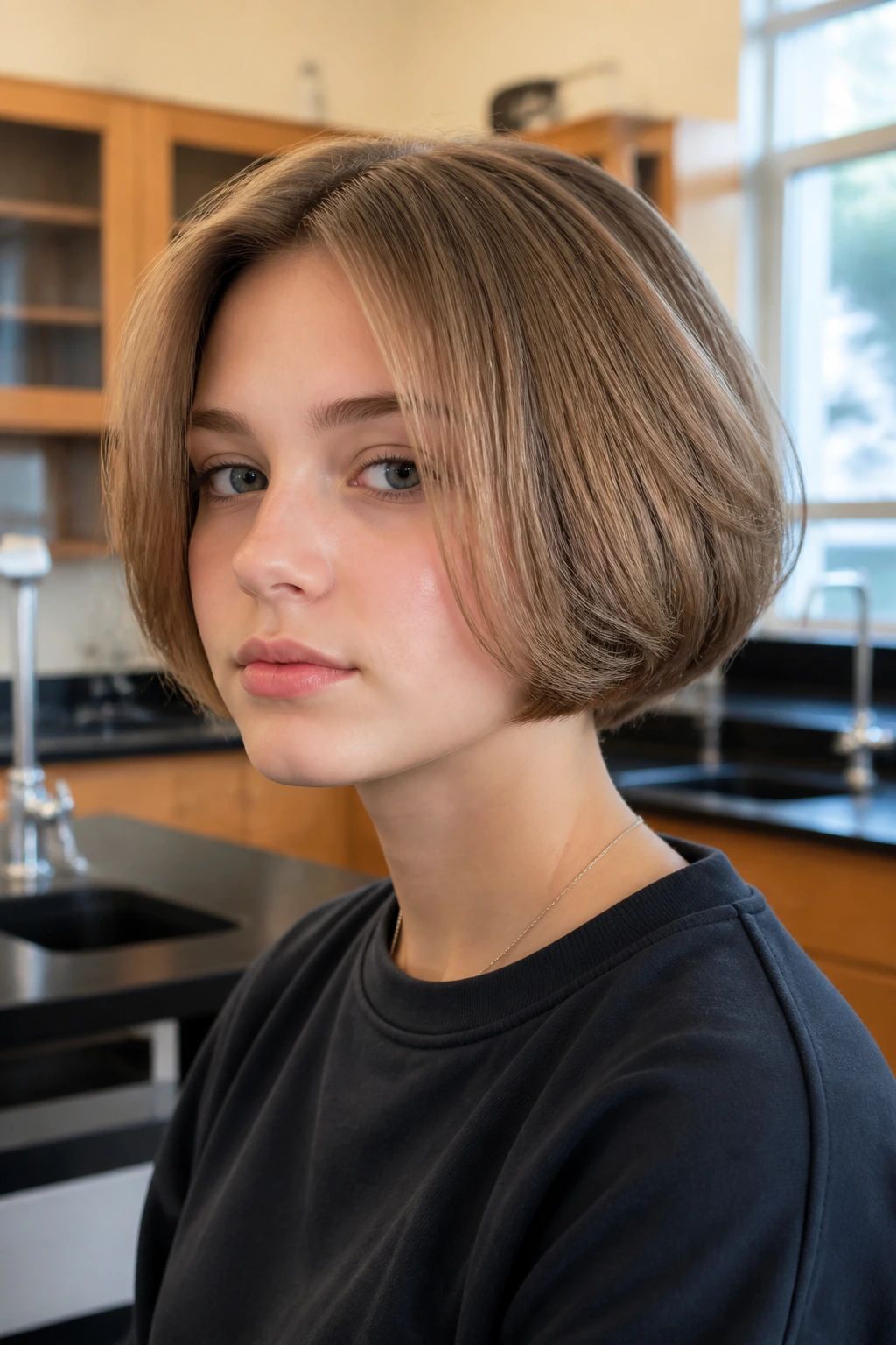 Student with rounded bubble bob and interior lift.