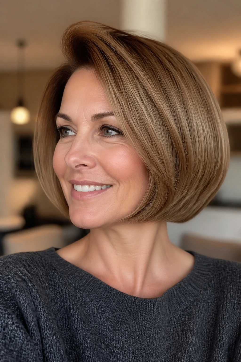 Close-up of a real woman with a bubble bob and crown lift in a warm home setting