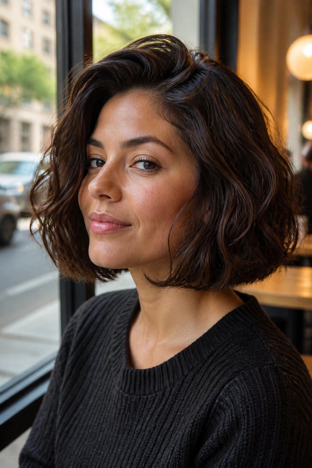 Close-up of a real person with a bubble bob and lifted crown in warm window light